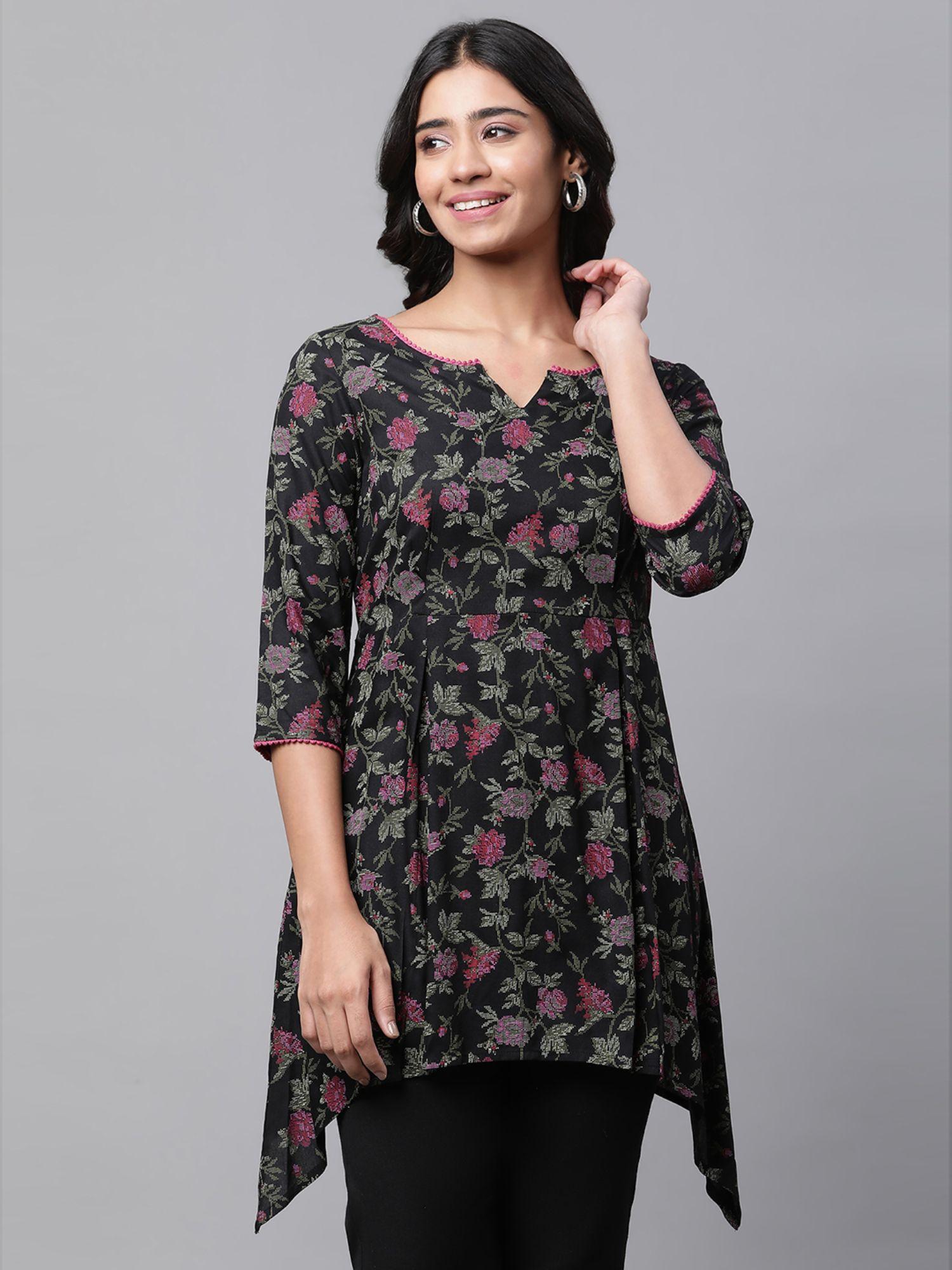 women black floral three fourth sleeves round neck kurti