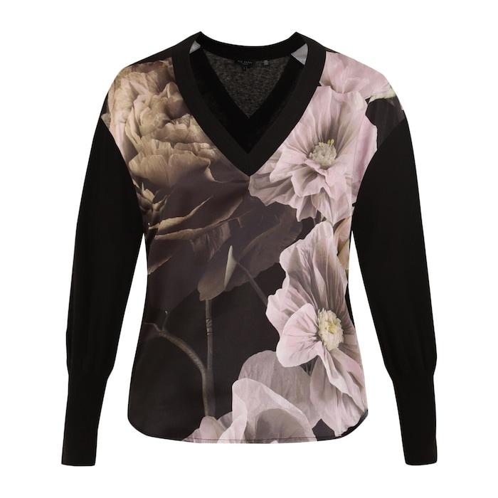 women black front-printed v-neck sweater