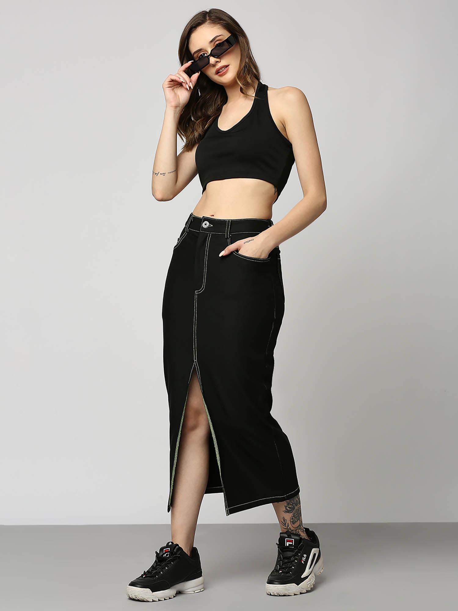 women black front slit contrast stitch detail skirt