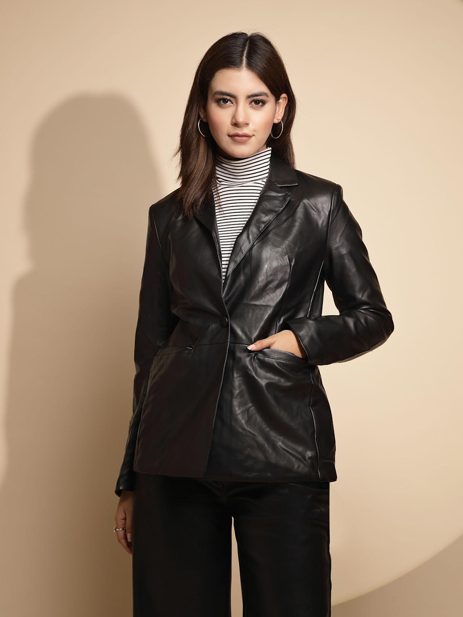 women black full sleeve leather coat