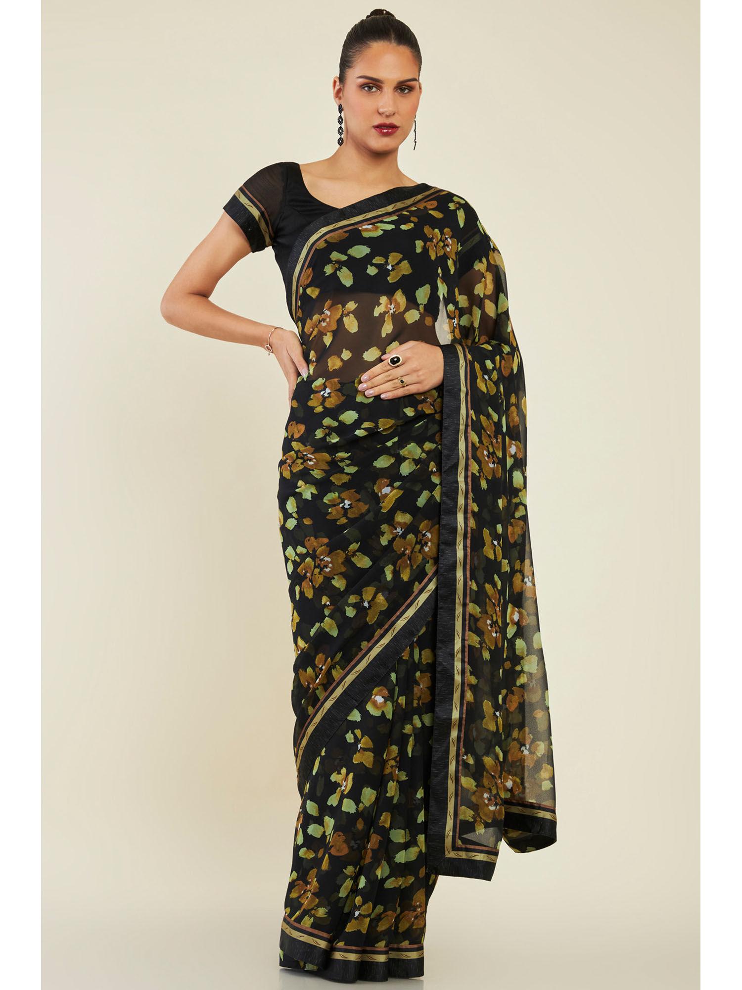 women black georgette floral saree with unstitched