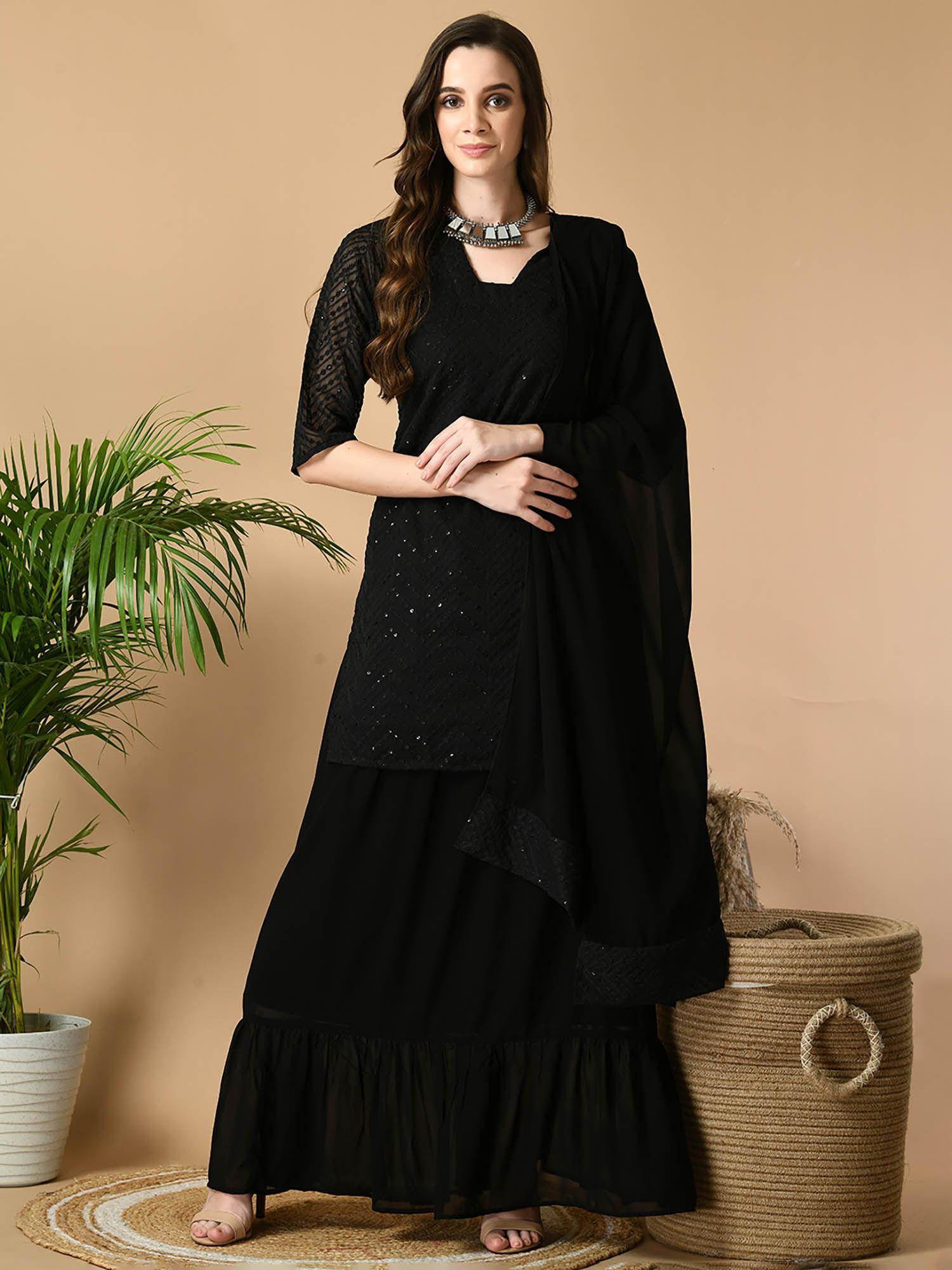 women black georgette party kurta skirt with dupatta (set of 3)