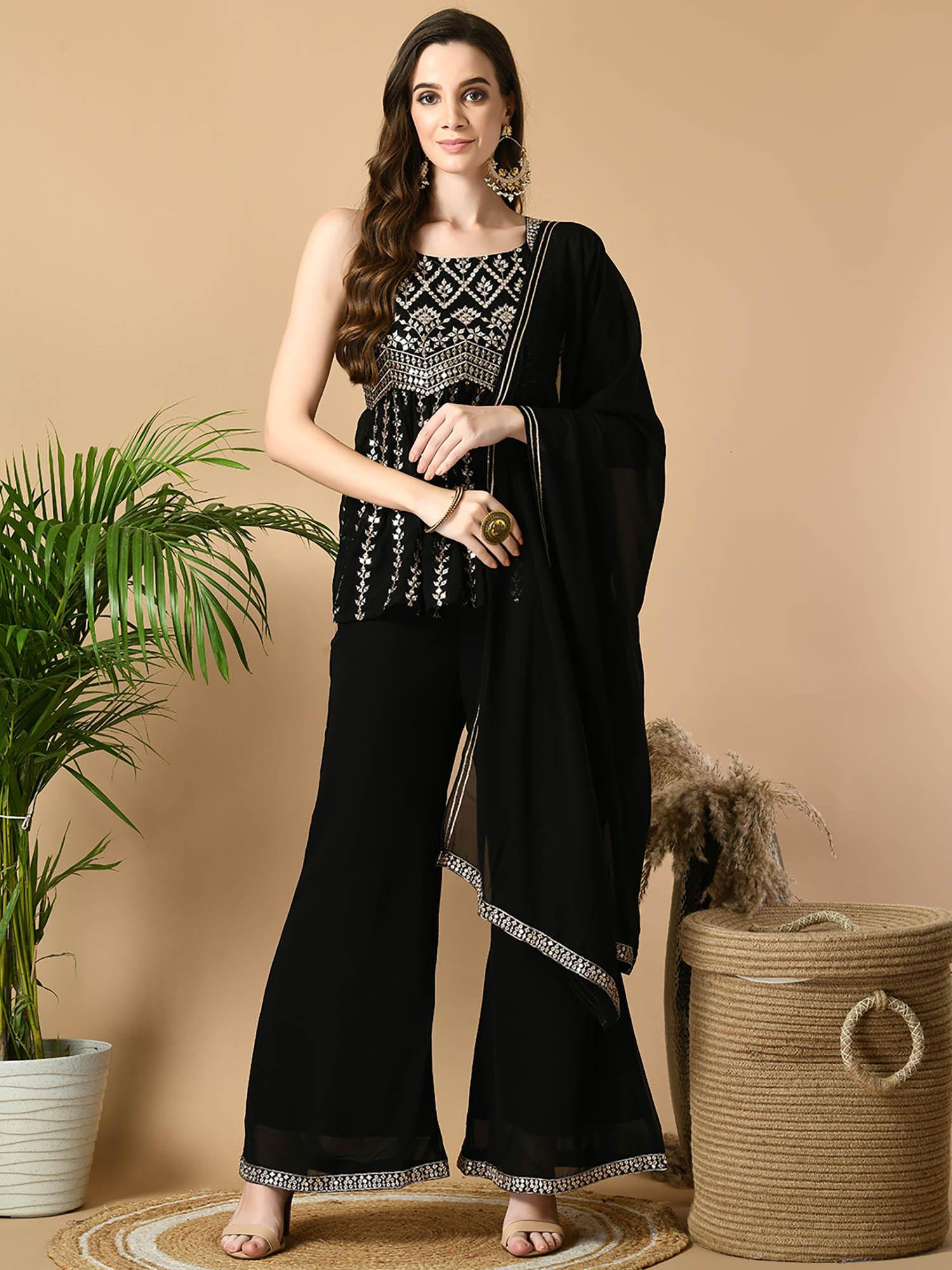 women black georgette party top palazzo with dupatta (set of 3)