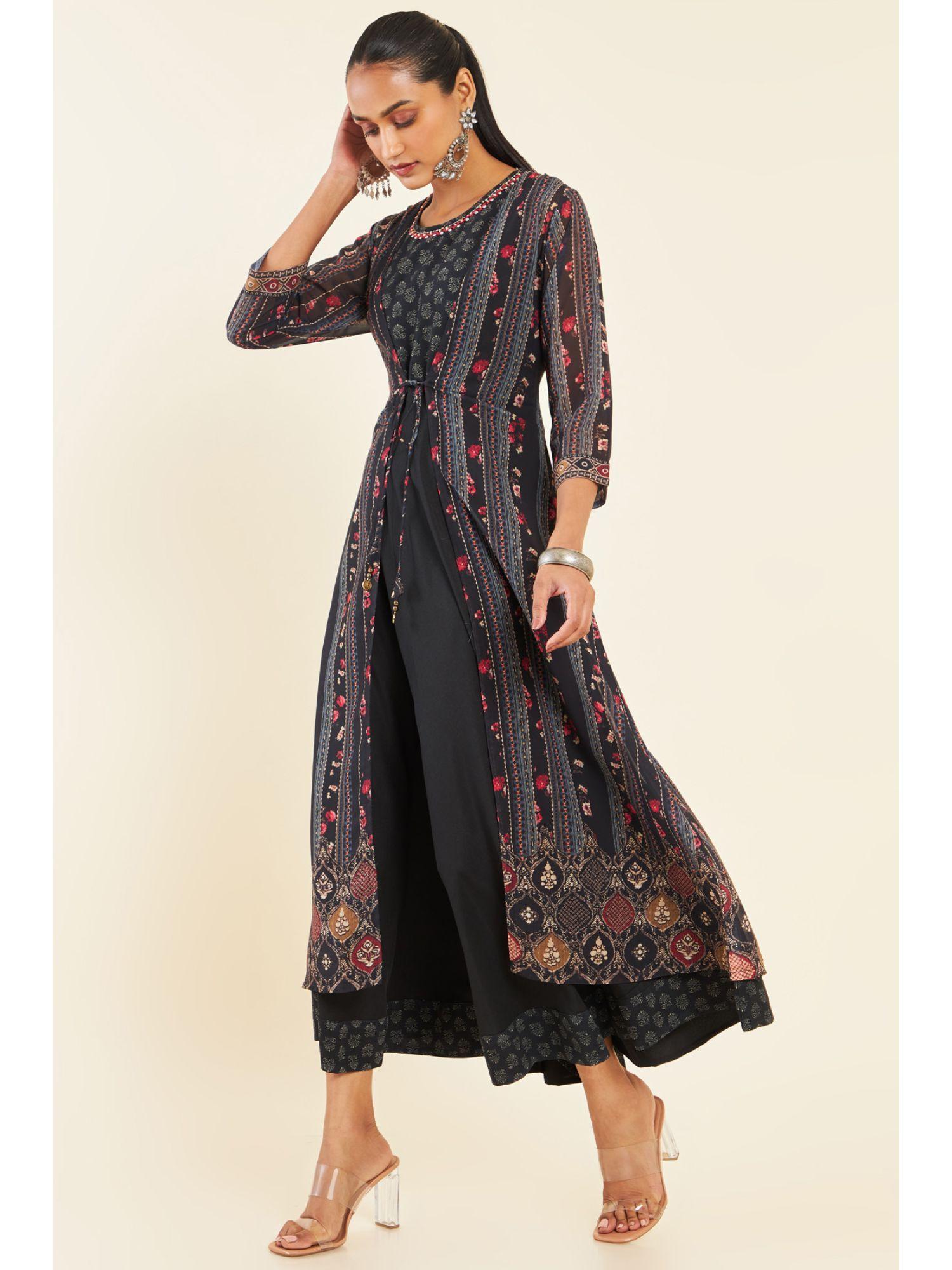 women black georgette printed dress kurta (set of 2)