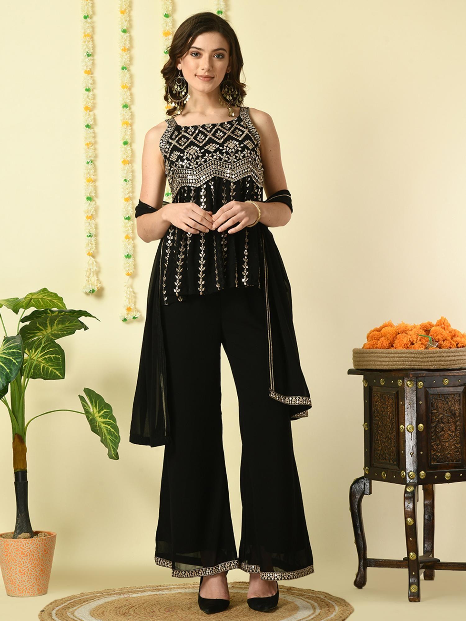 women black georgette top and palazzo with dupatta (set of 3)