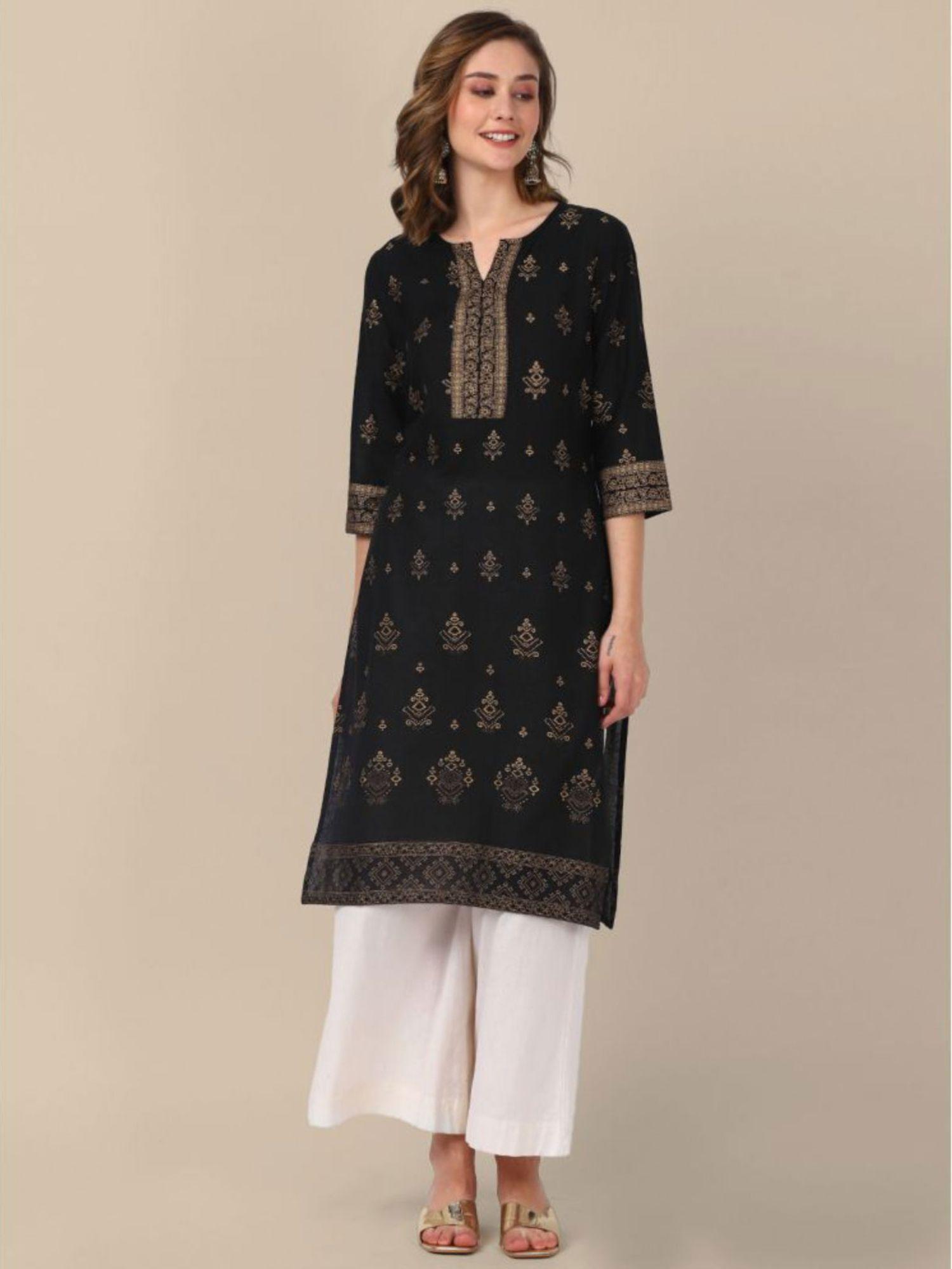 women black gold printed knee length straight kurta