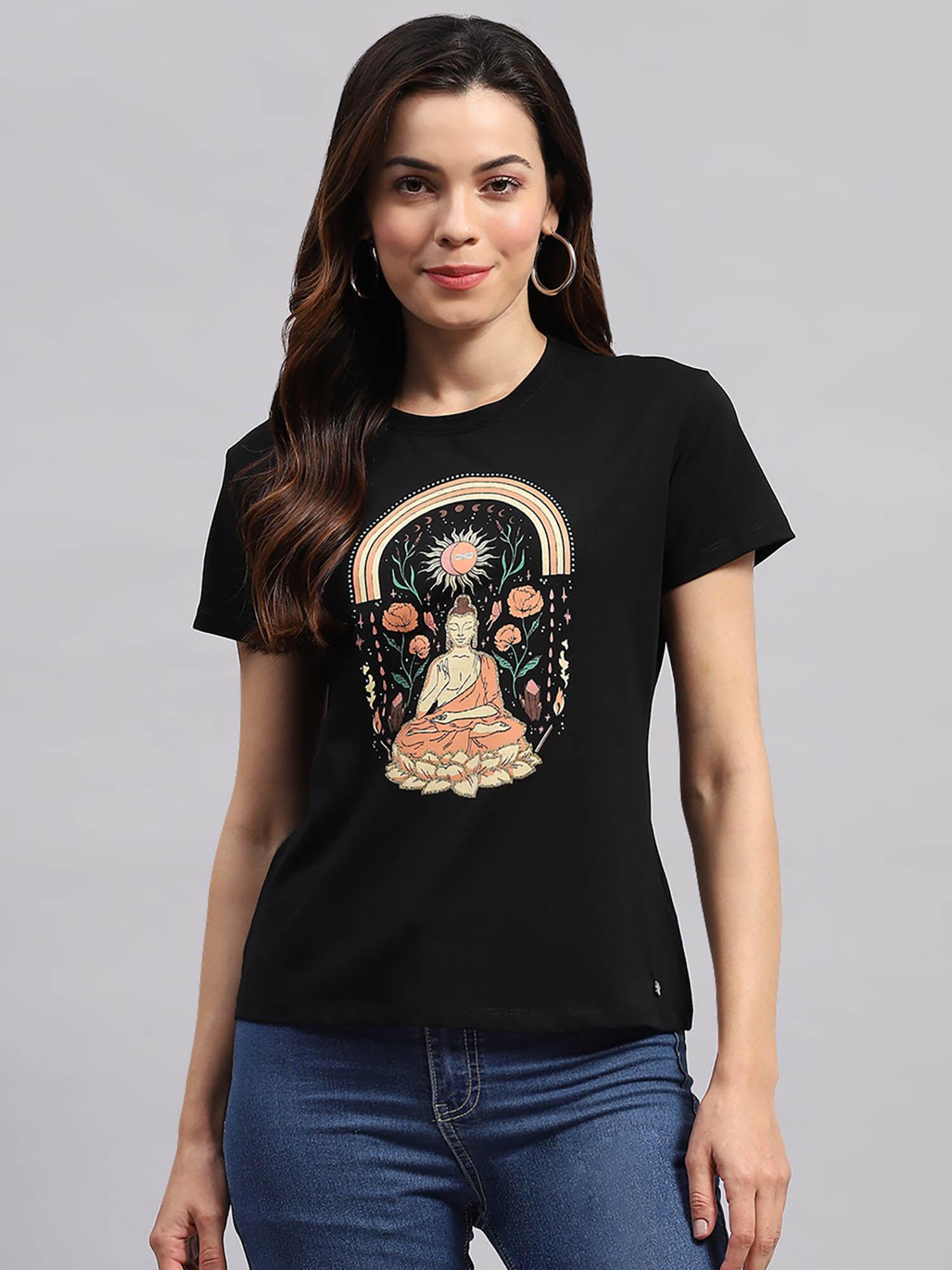 women black graphic printed half sleeves round neck top