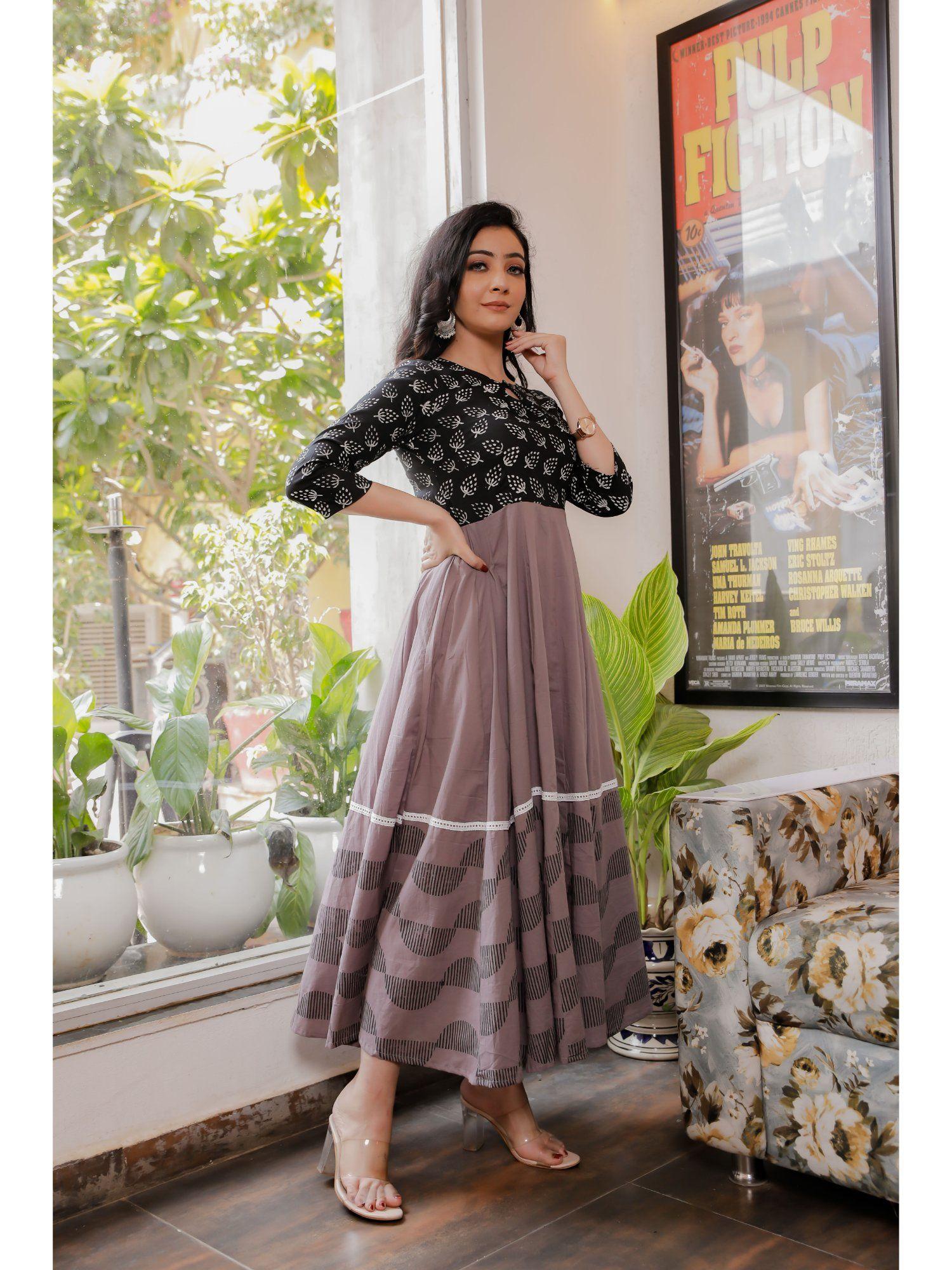 women black-grey floral block print anarkali kurta