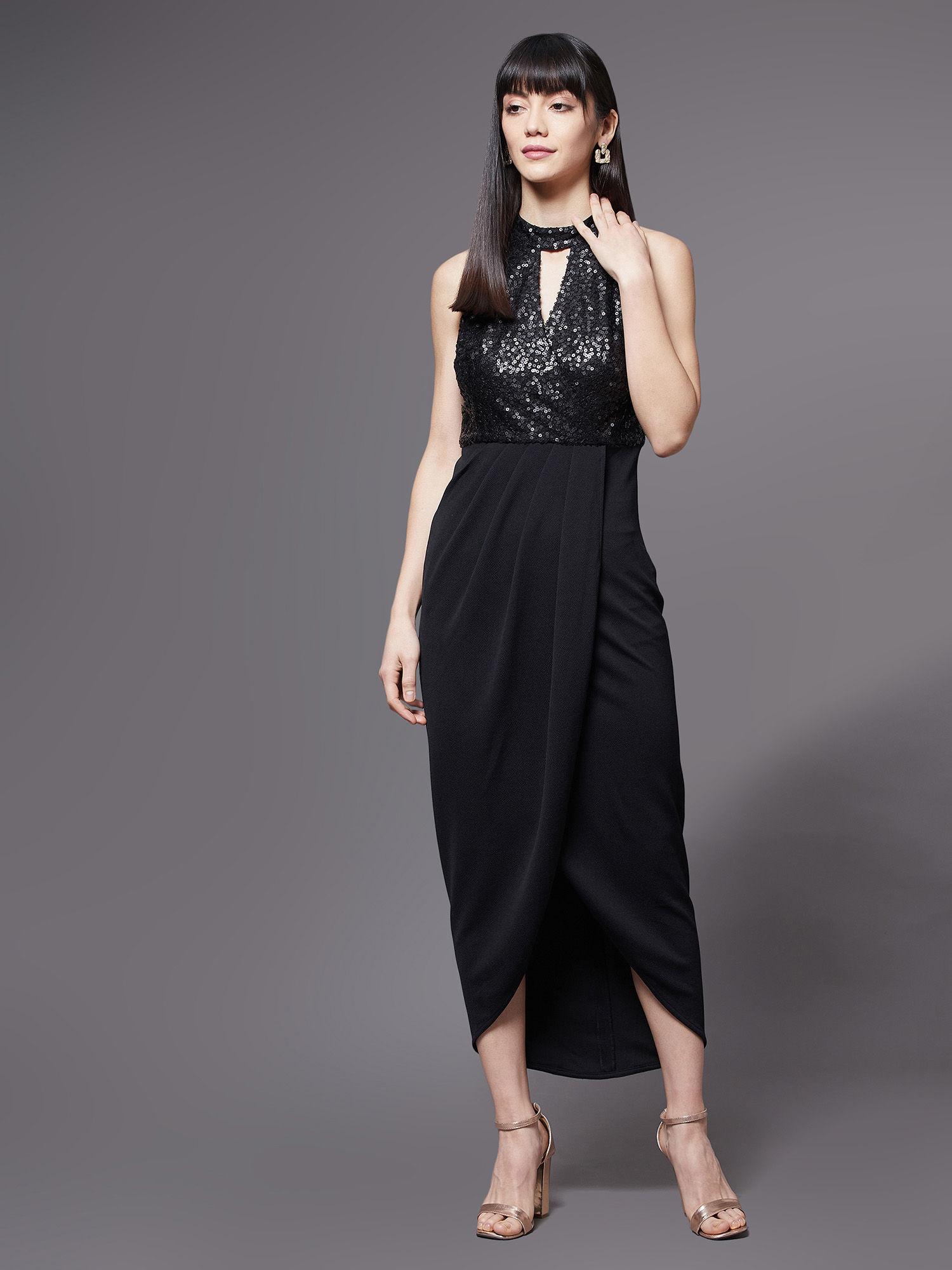 women black halter neck sleeveless solid embellished midi dress