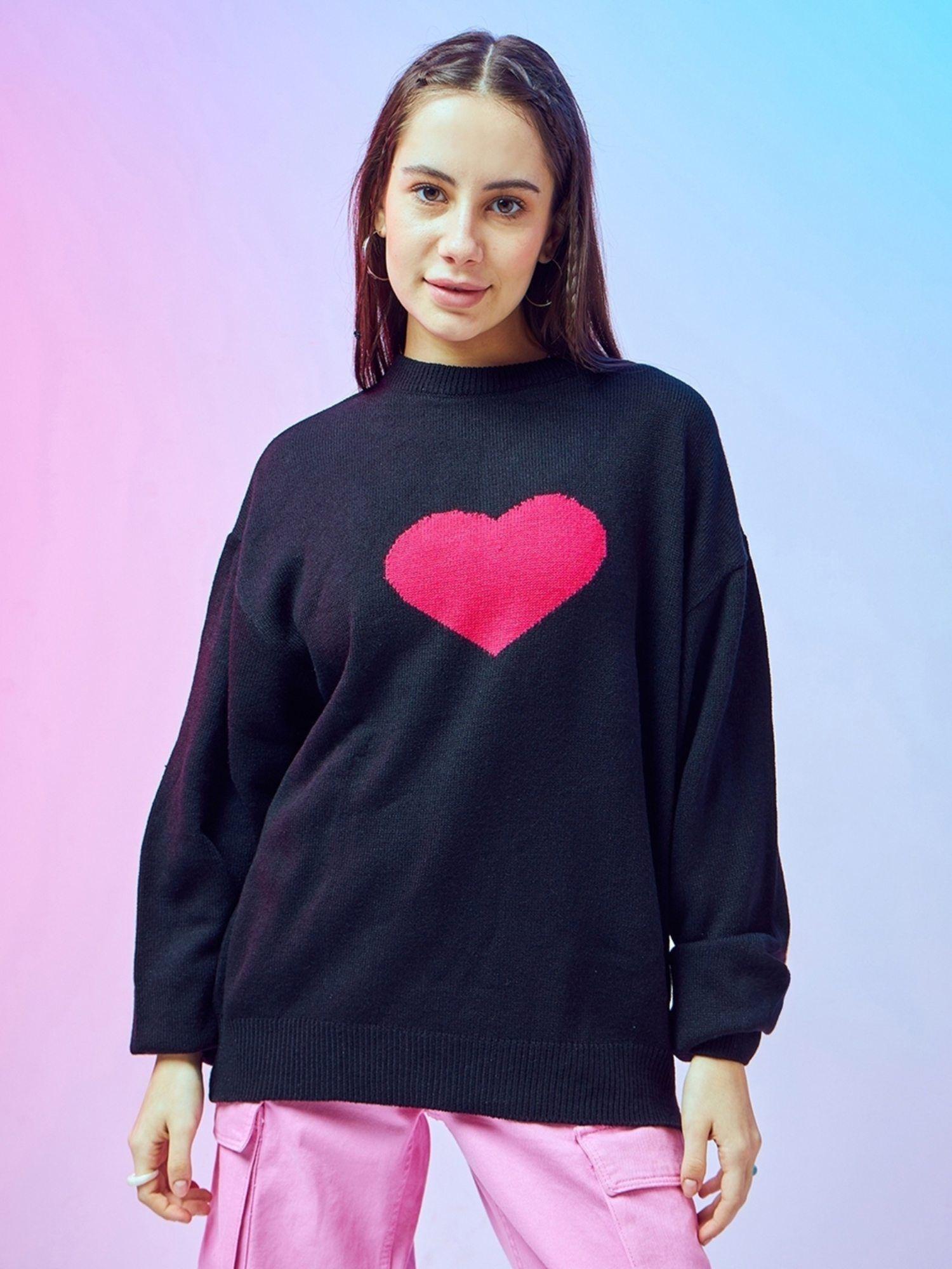 women black heart graphic printed super loose flatknit sweater