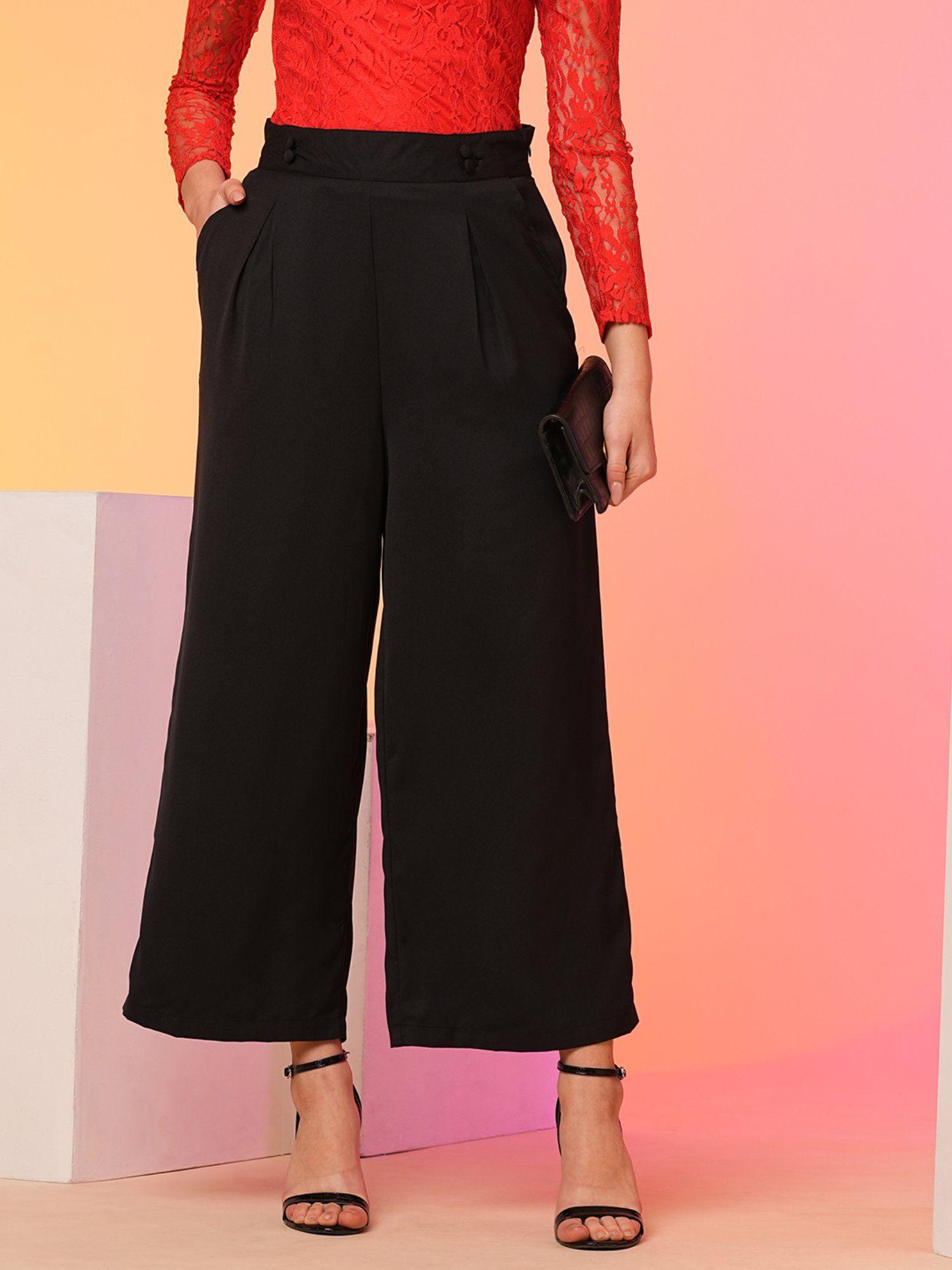 women black high-rise pleated back frilled waist wide leg trousers