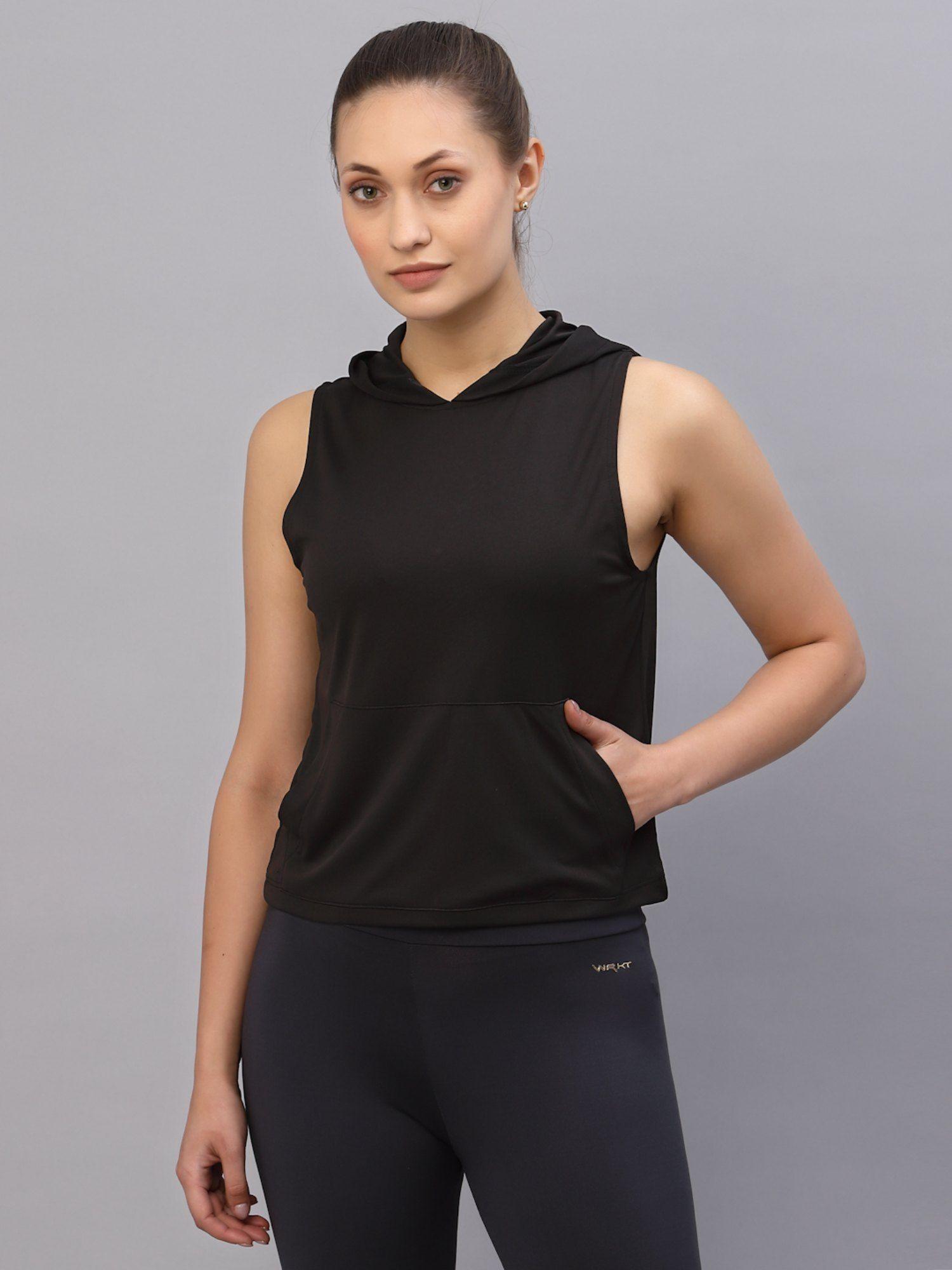 women black hooded with sleeveless activewear t-shirt
