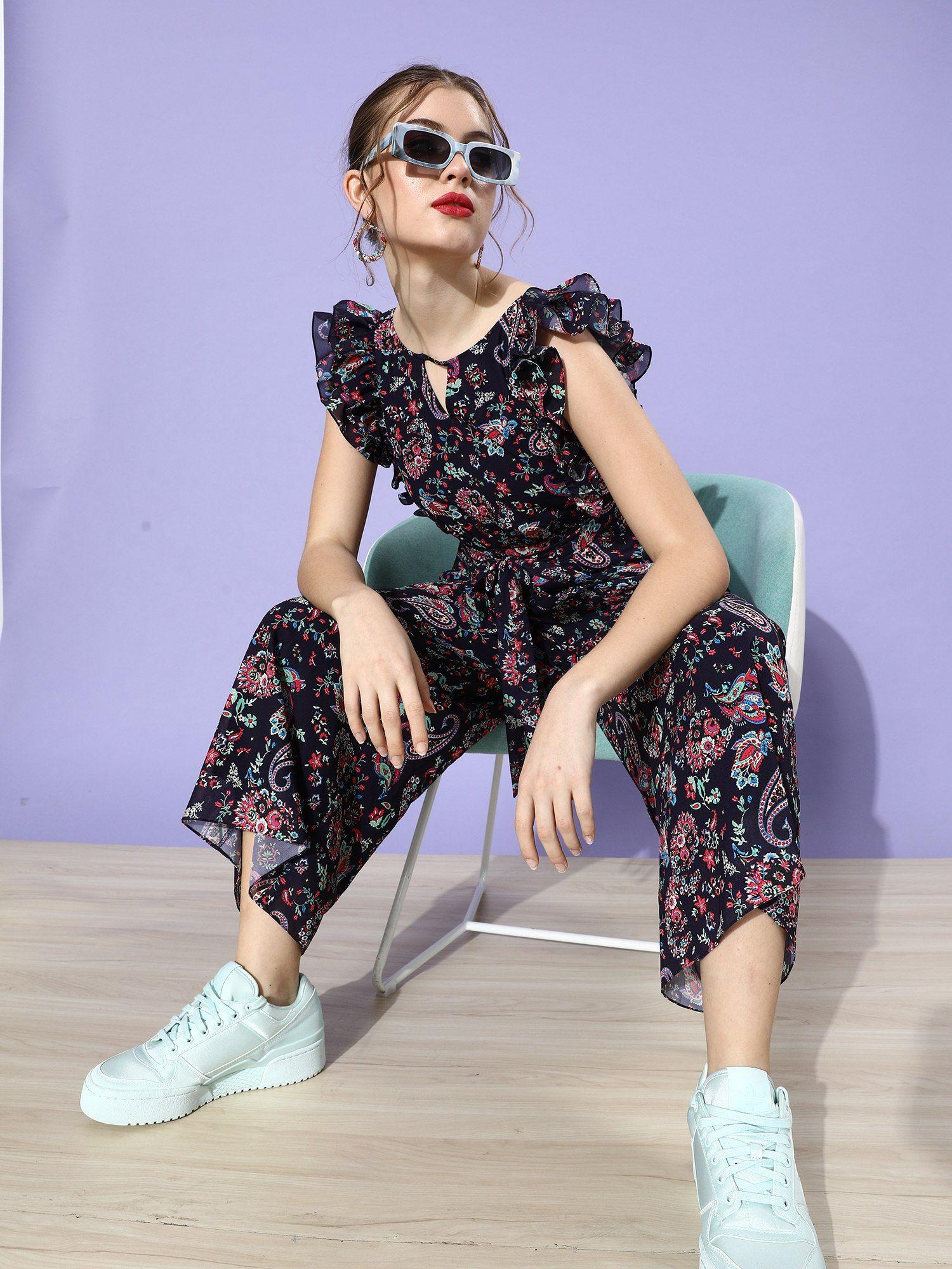 women black keyhole neck sleeveless floral wide leg jumpsuit