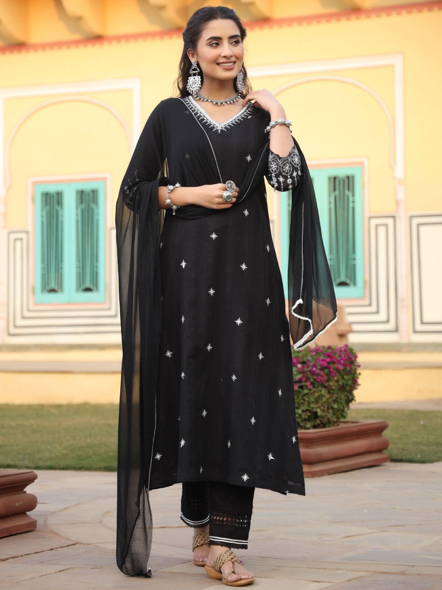 women black lapet dobby solid with embroidery straight kurta sets (set of 3)
