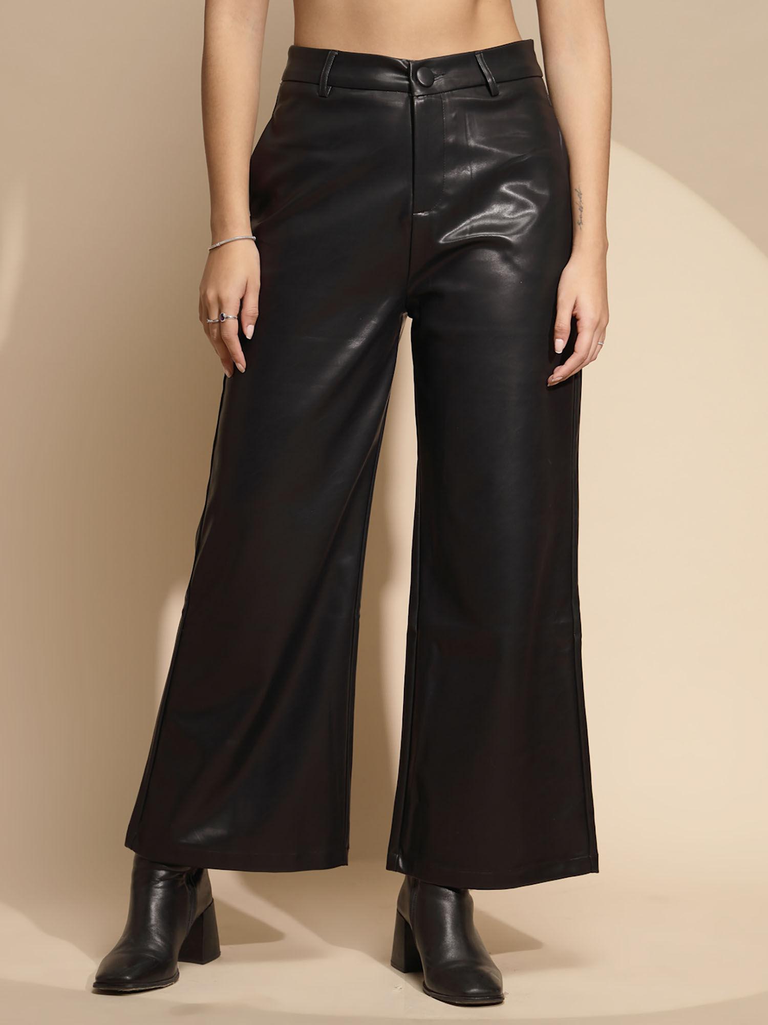 women black leather wide leg trousers