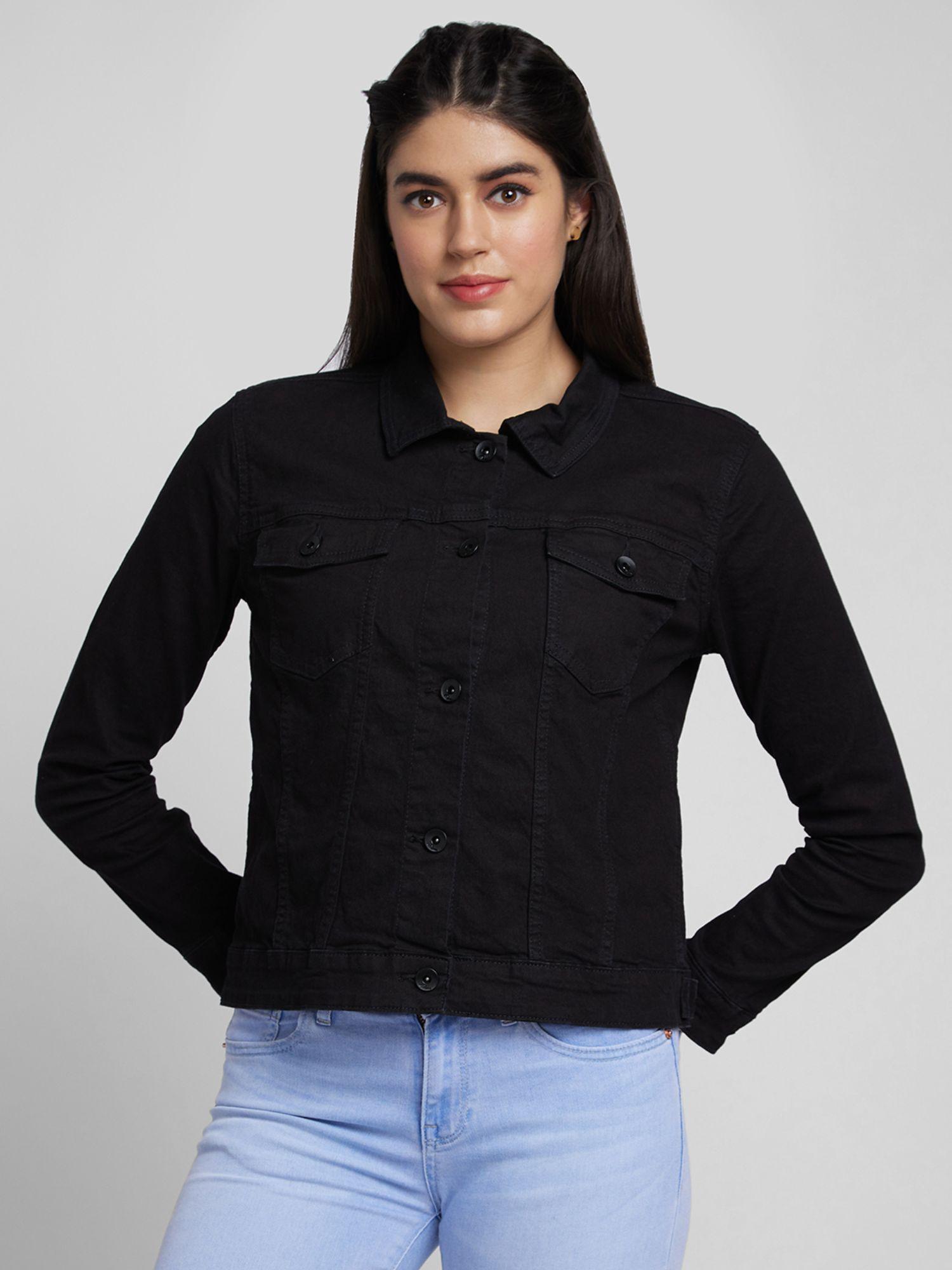 women black lycra regular fit denim jacket