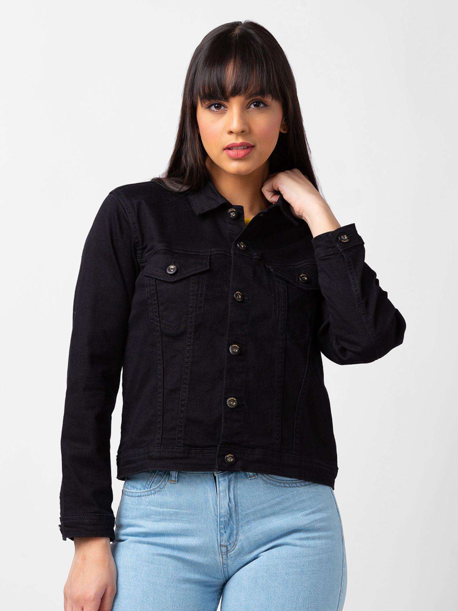 women black lycra regular fit full sleeve denim jacket