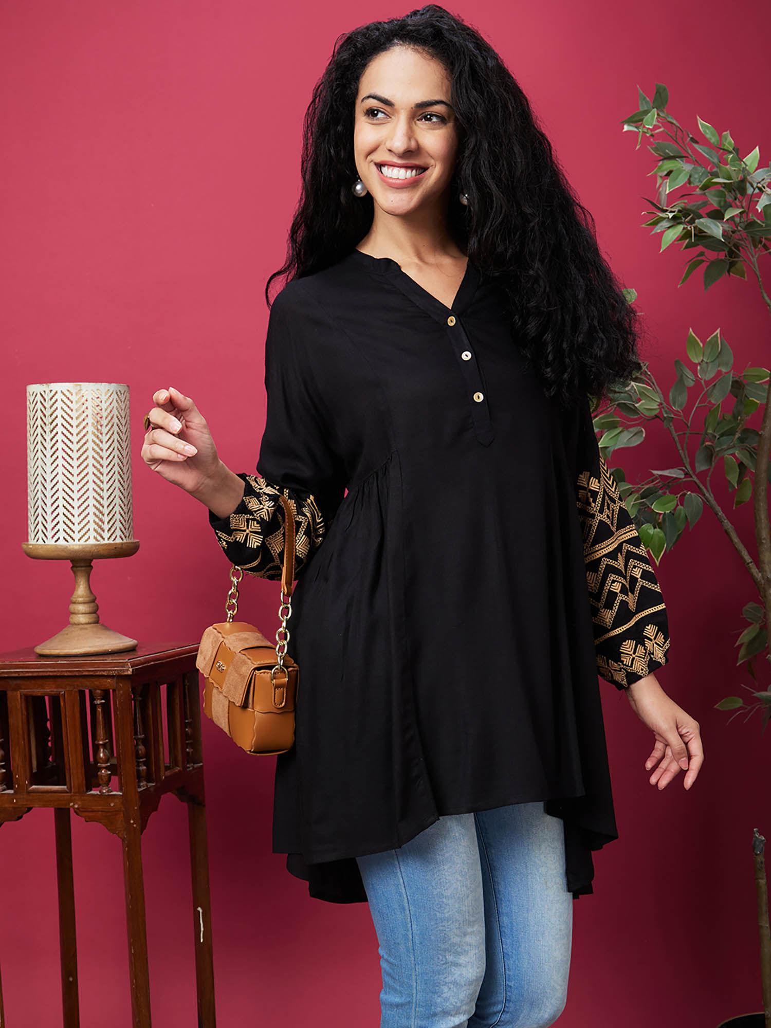 women black mandarin collar embroidered bishop sleeves asymmetric hem panelled a-line kurta