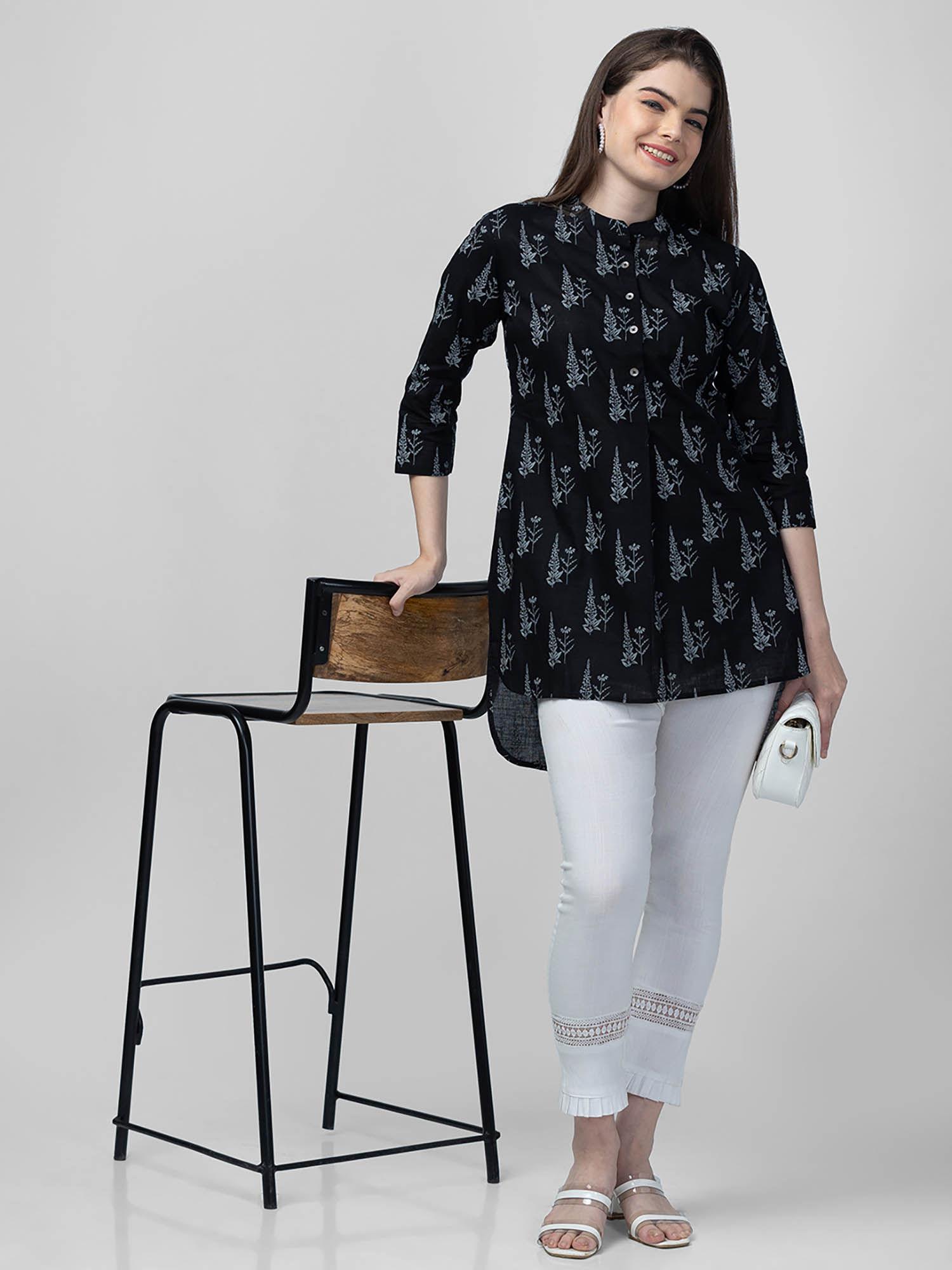 women black mandarin collar printed tunic