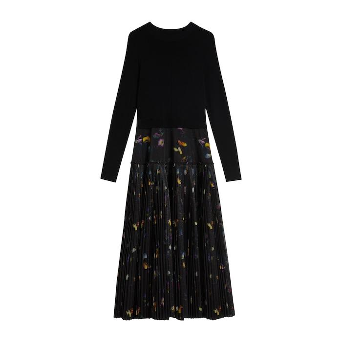 women black maxi dress with pleated floral skirt