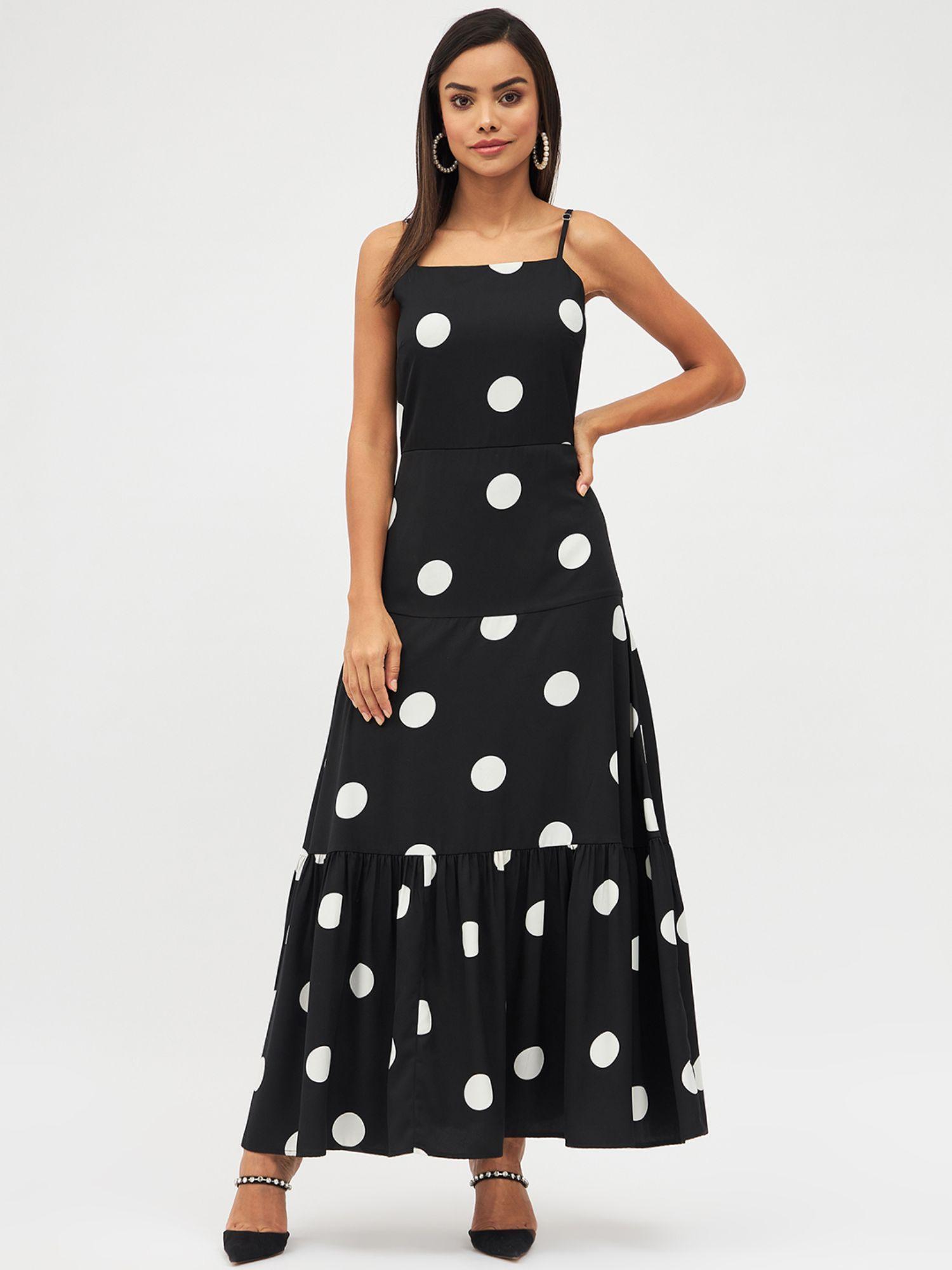 women black maxi length polka print square neck sleeveless dress