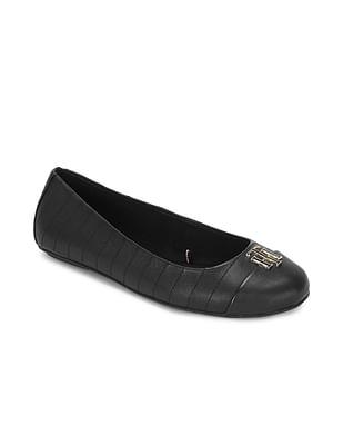 women black metallic logo leather ballerinas