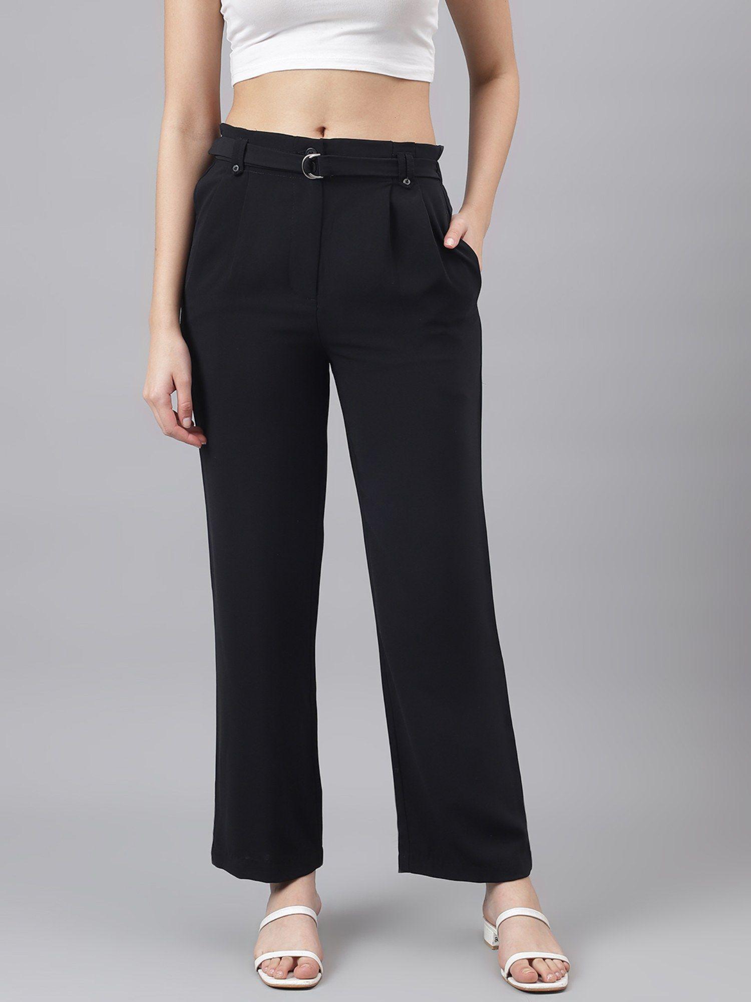 women black mid-rise solid trouser with 2 pocket