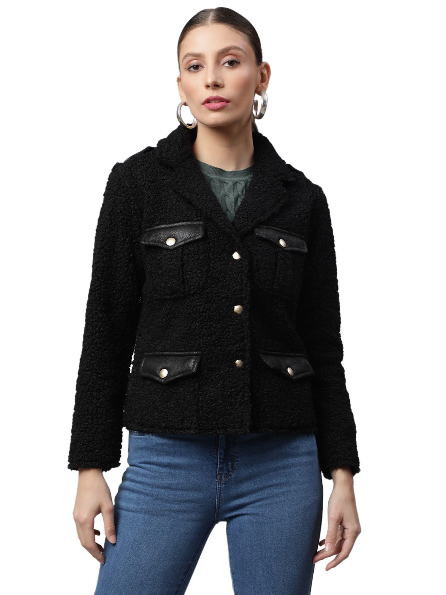 women black notch collar polar fleece jacket