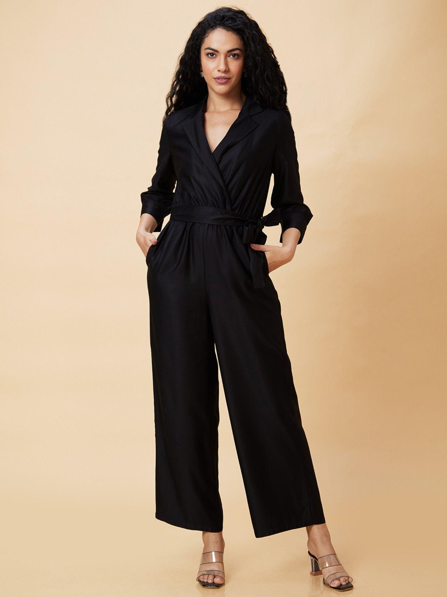 women black notched lapel cuffed sleeves waist tie-up party jumpsuit