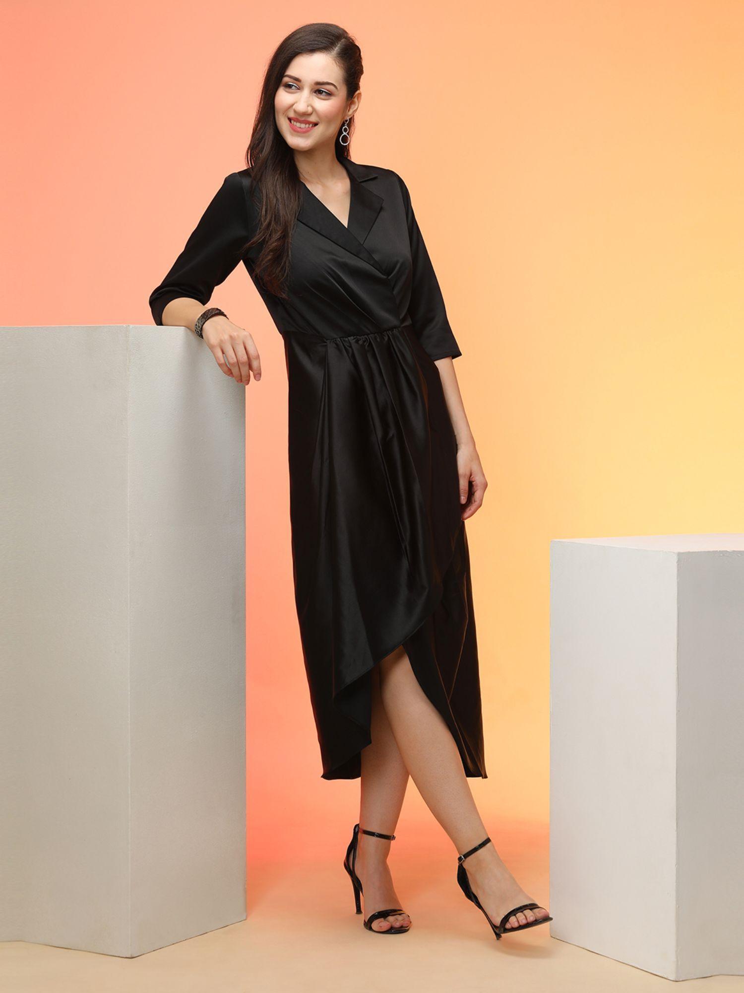 women black notched lapel gathered midi wrap workwear blazer dress with tulip hem