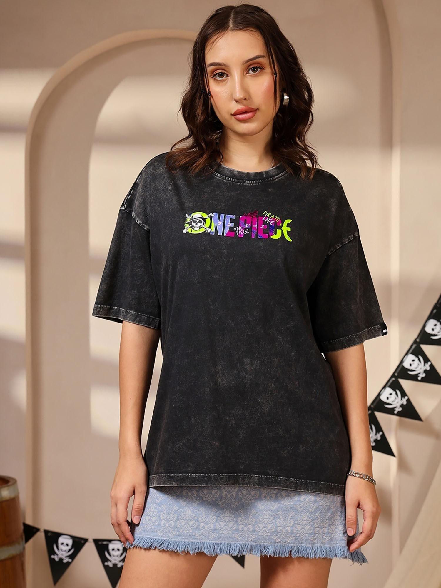 women black one piece printed oversized acid wash t-shirt