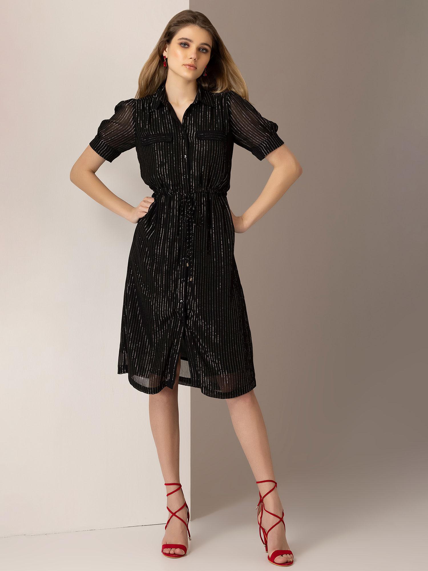 women black party solid georgette sequenced knee length shirt dress