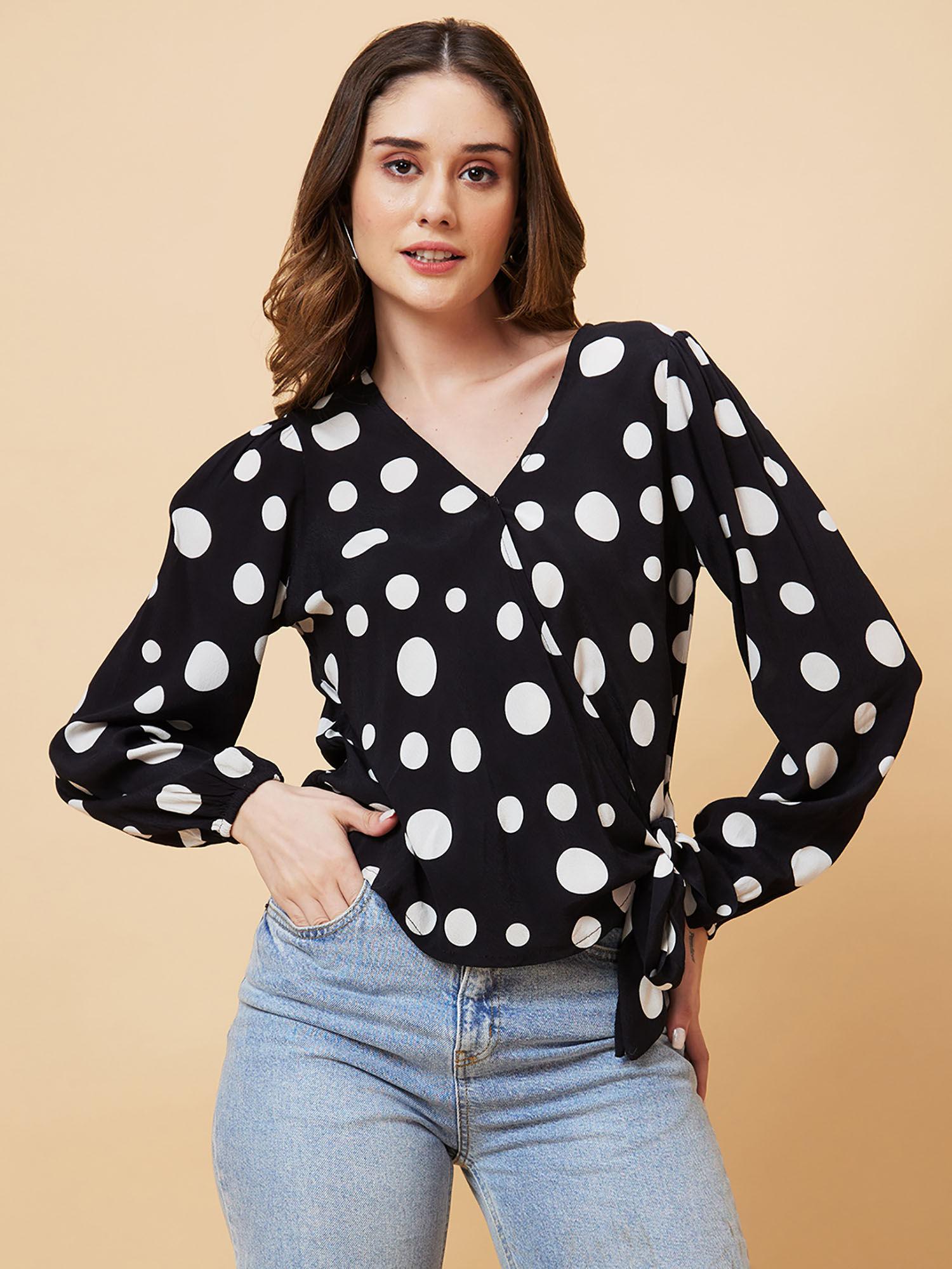 women black polka dots print side tie-up wrap top