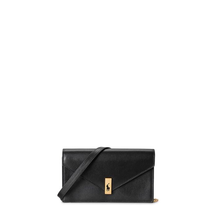 women black polo id leather chain wallet & crossbody bag