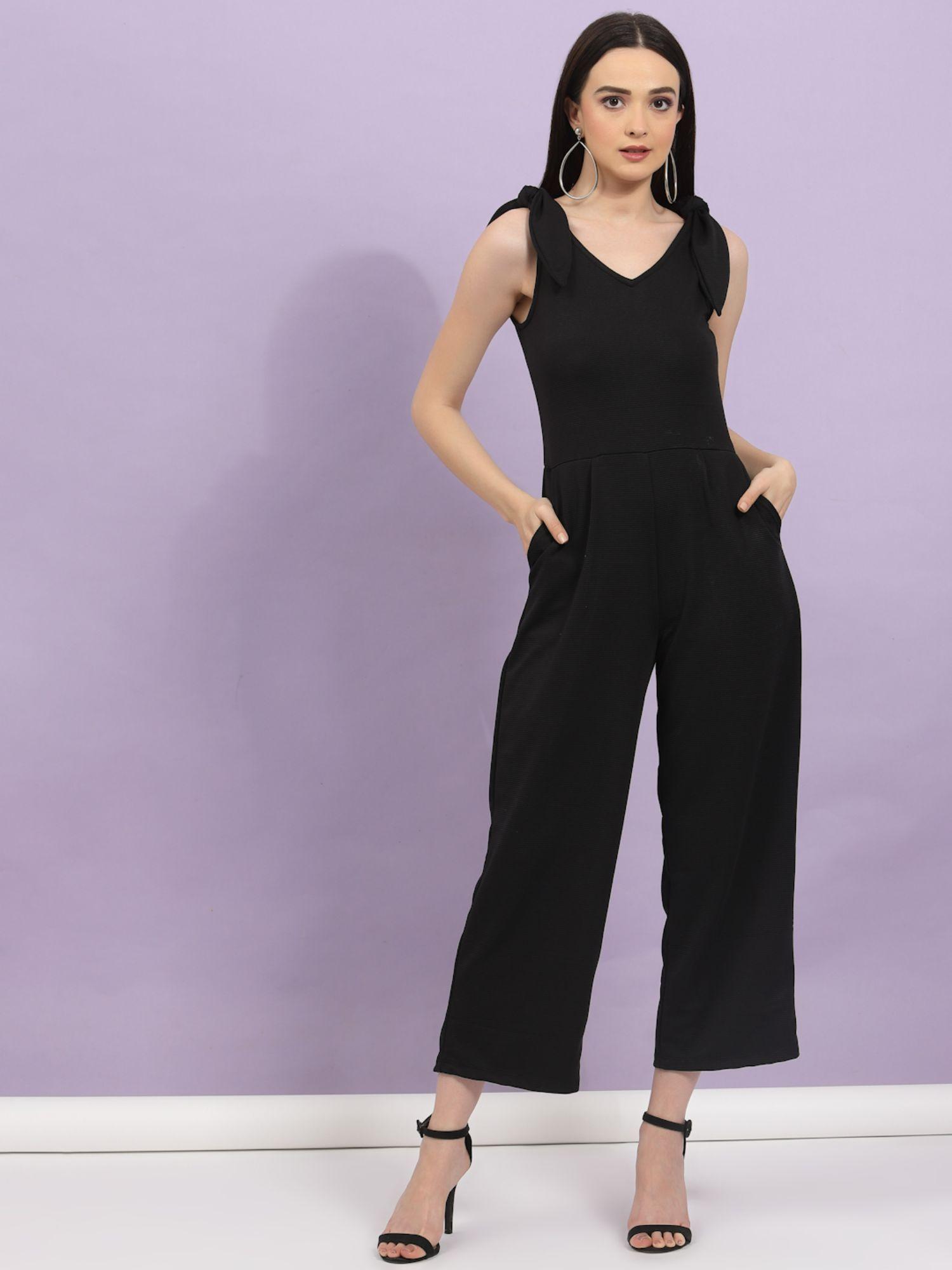 women black poly corduroy v neck straps sleeve jumpsuit