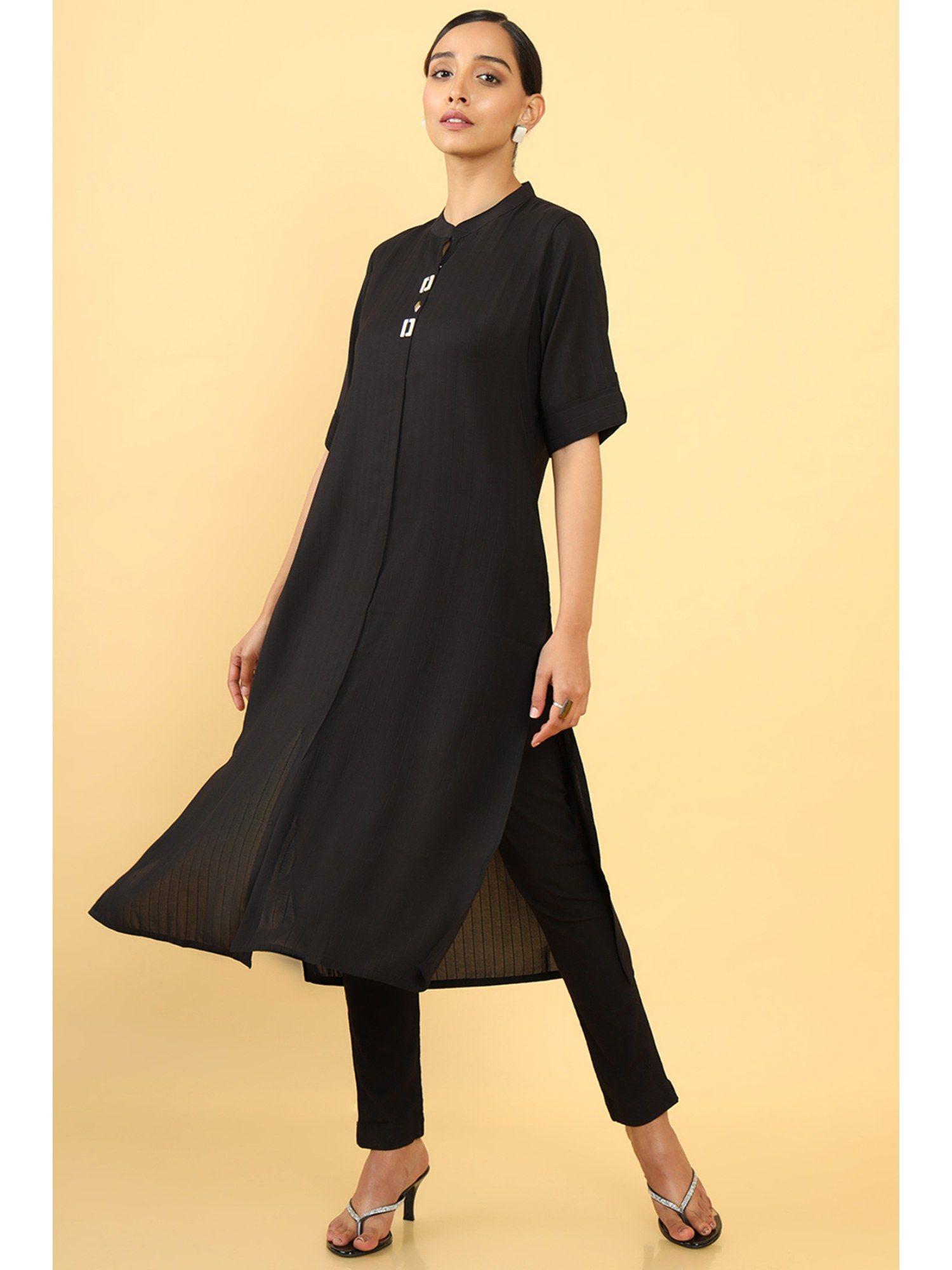 women black polyester stripes kurta