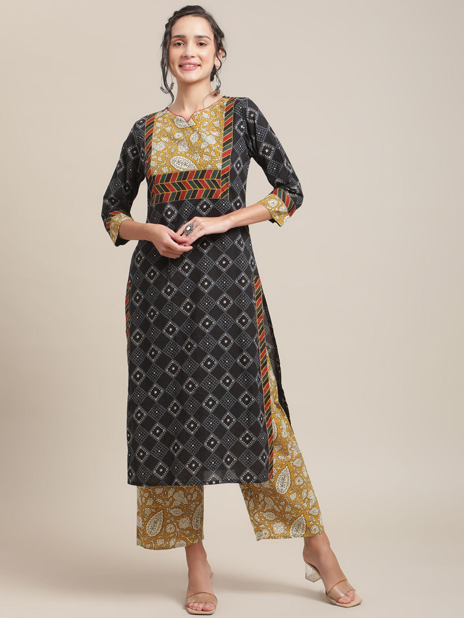 women black printed kurta with straight trouser (set of 2)