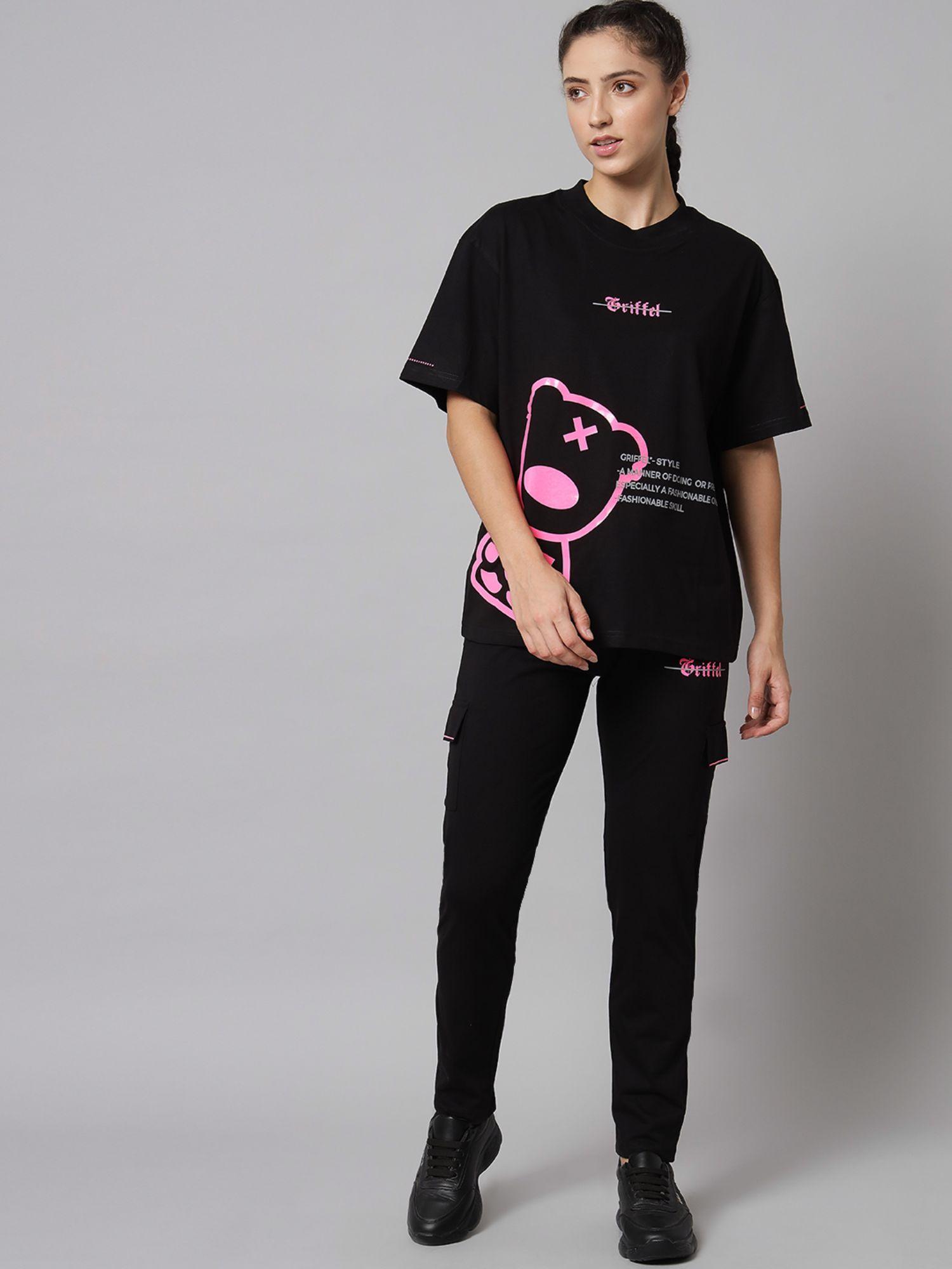 women black printed oversized loose fit black t-shirt and trackpant (set of 2)