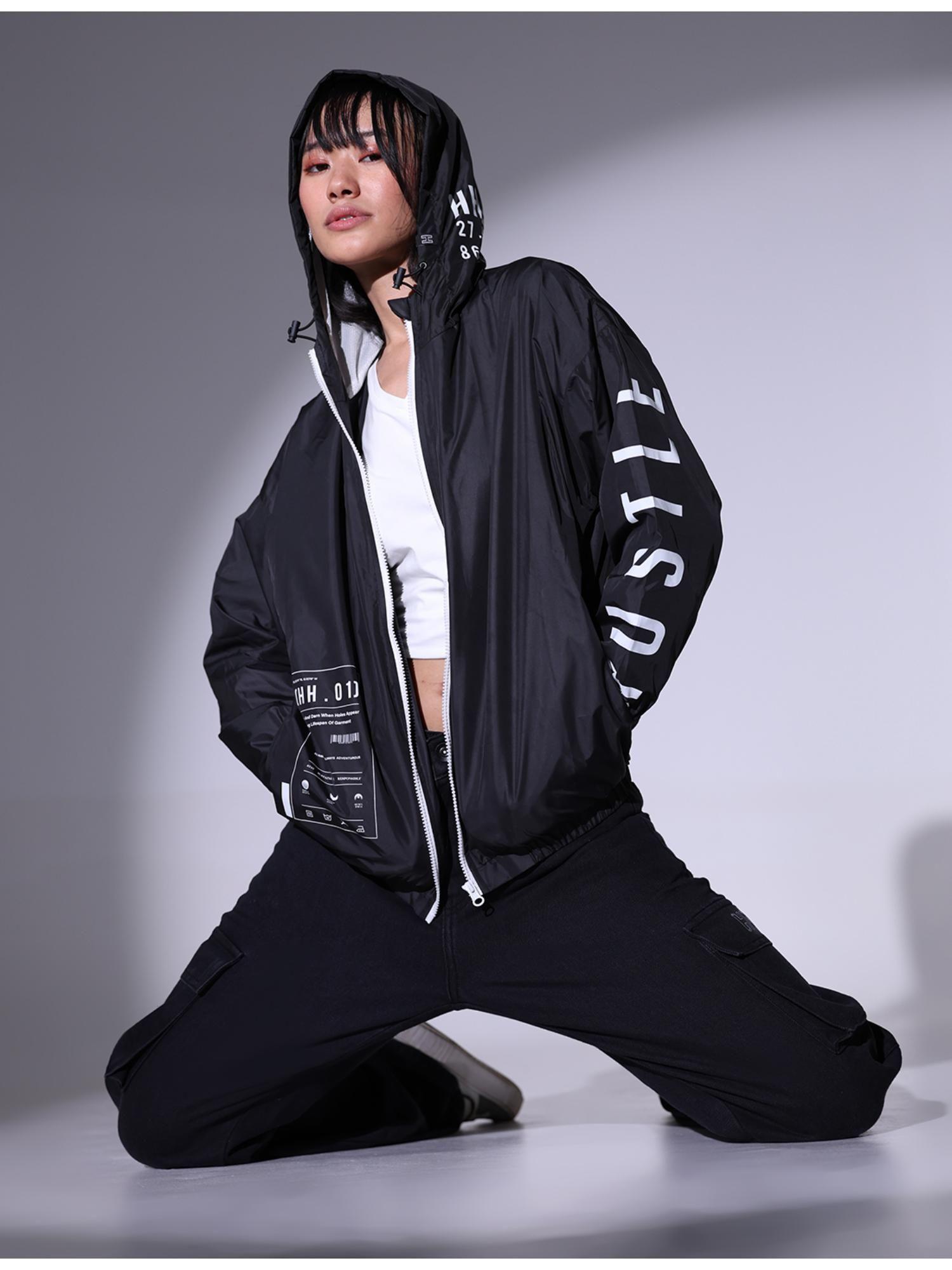 women black printed oversized zipper front windcheater jacket