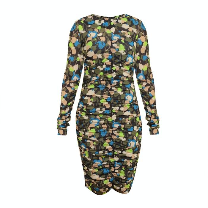 women black printed ruched bodycon dress