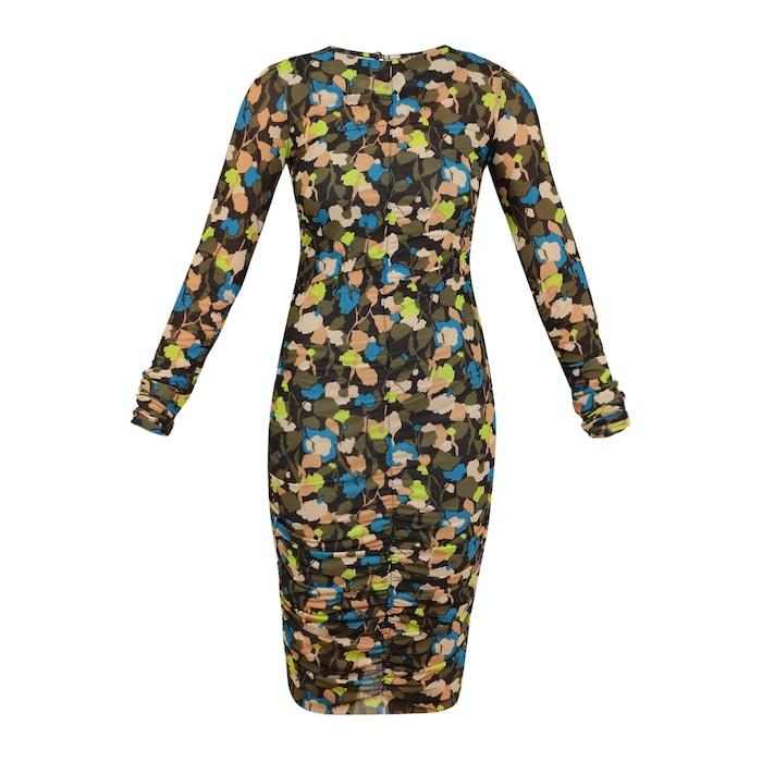 women black printed ruched bodycon dress