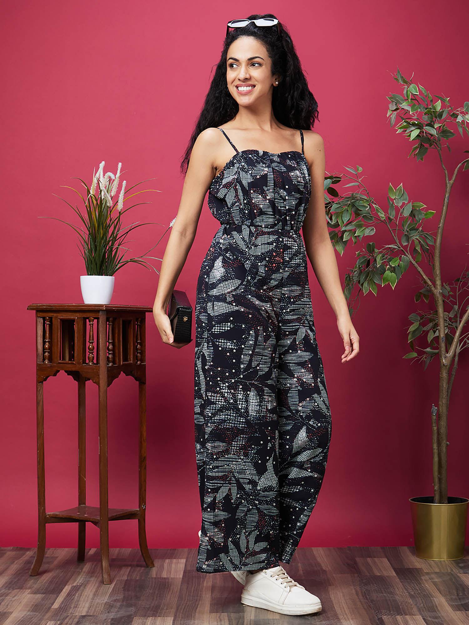 women black printed shoulder straps casual wear jumpsuit