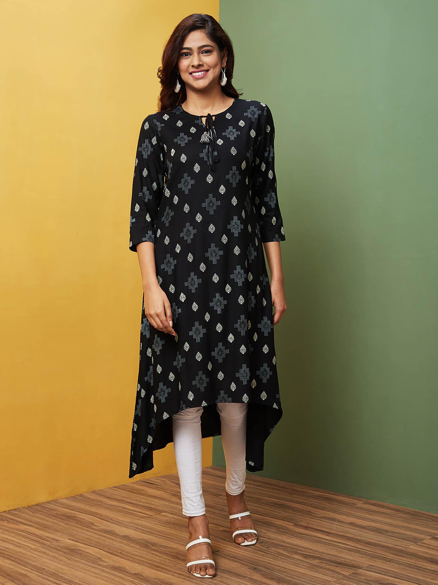 women black printed tie-up neck a-line kurta