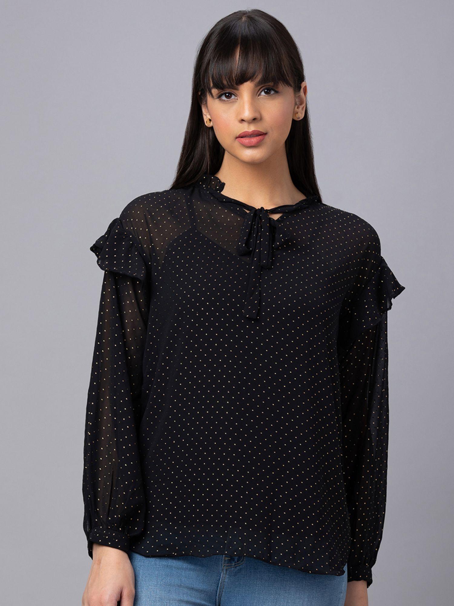 women black printed tie-up neck top