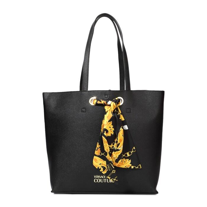 women black pu solid tote bag with printed scarf