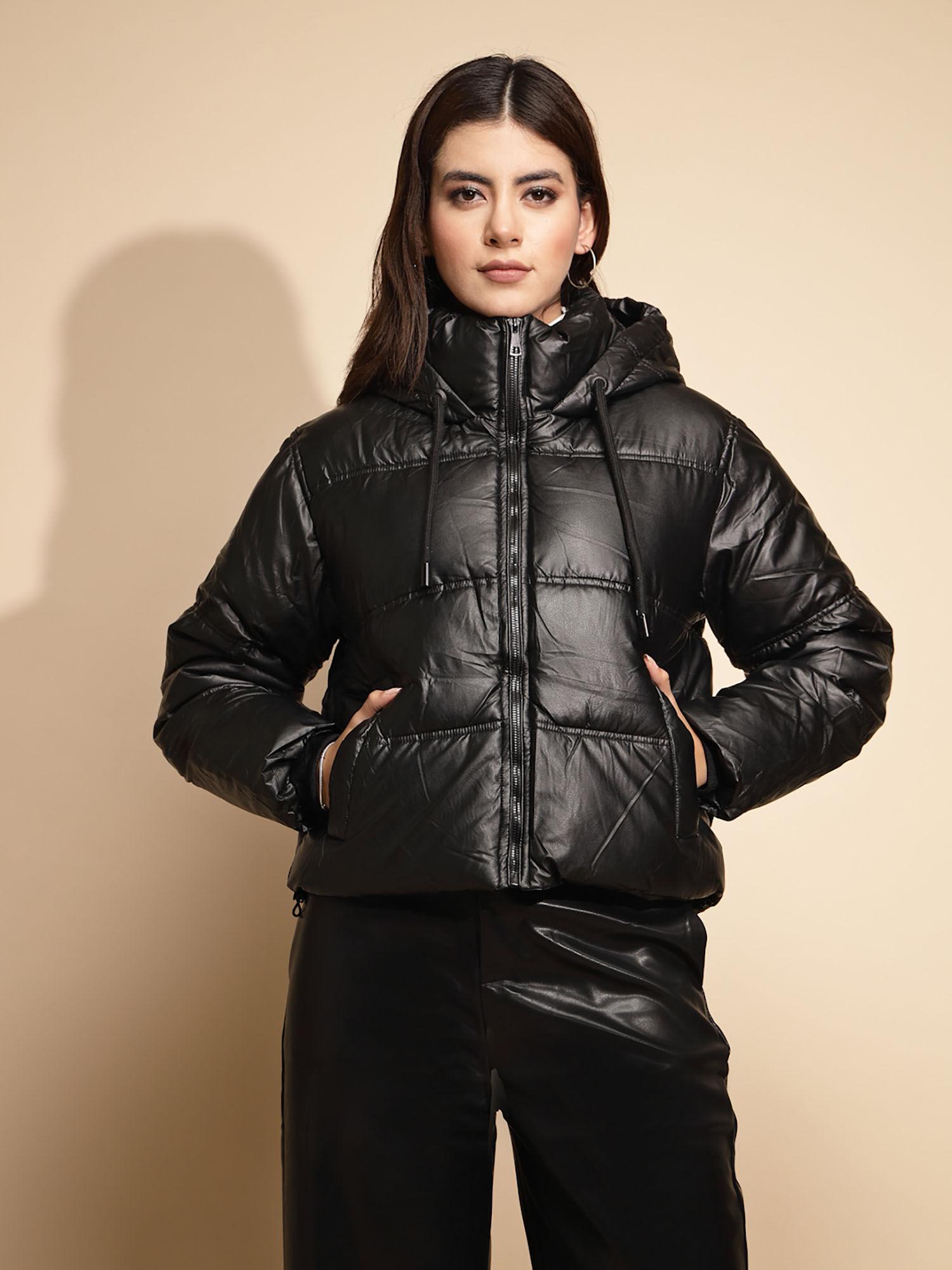 women black puffer hoodie jacket