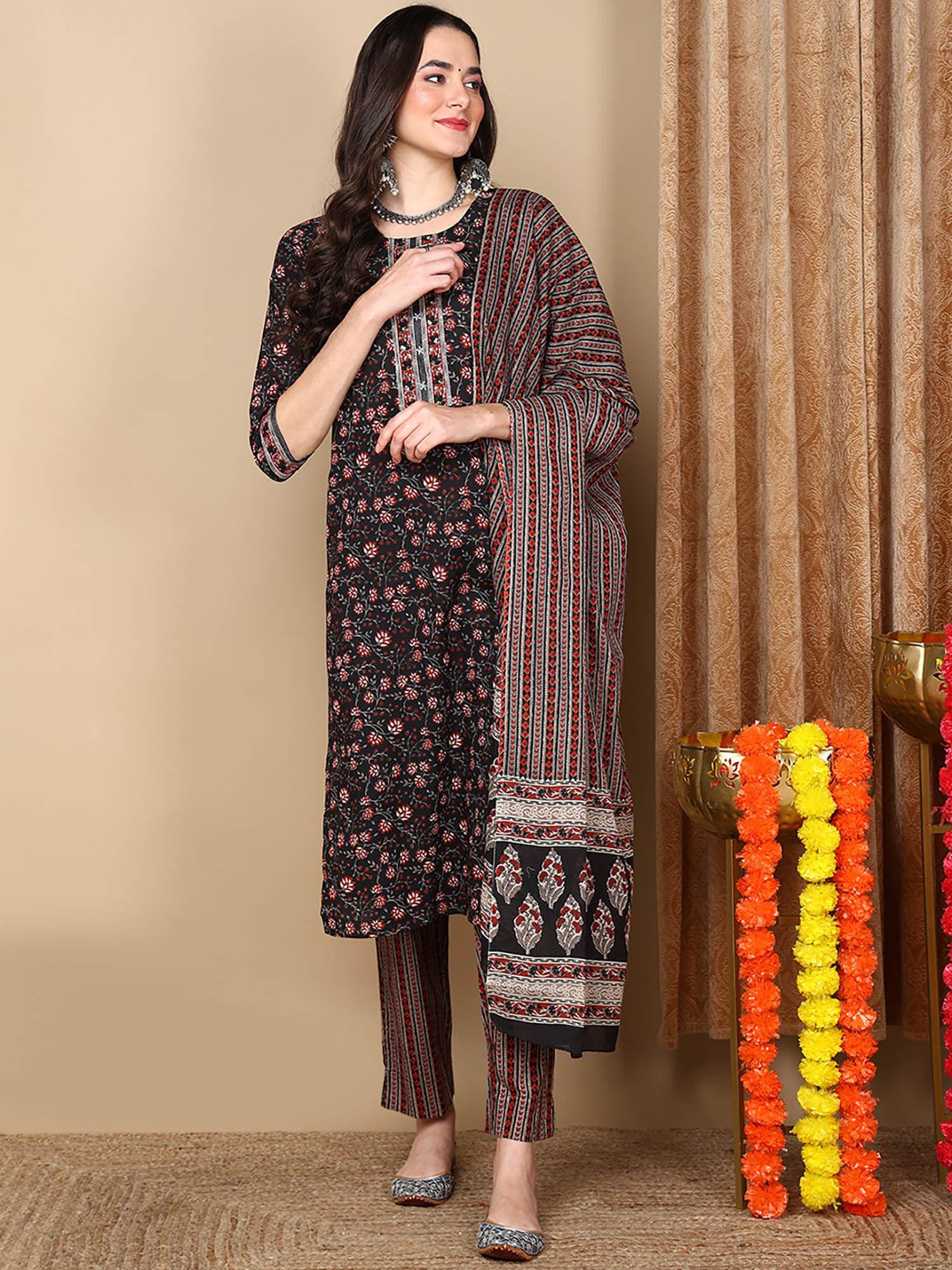 women black pure cotton floral printed straight kurta pants with dupatta (set of 3)