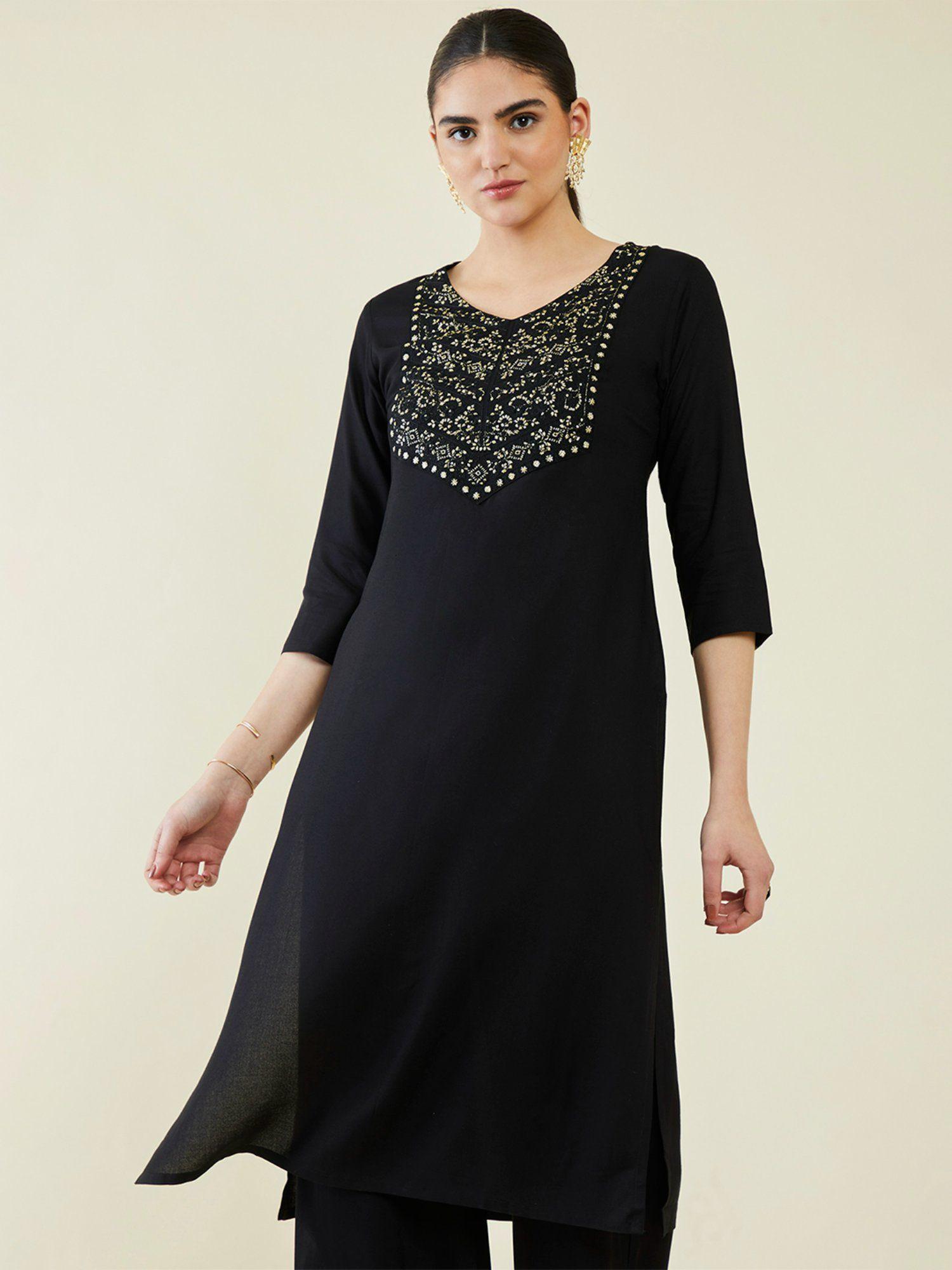 women black rayon embroidered kurta