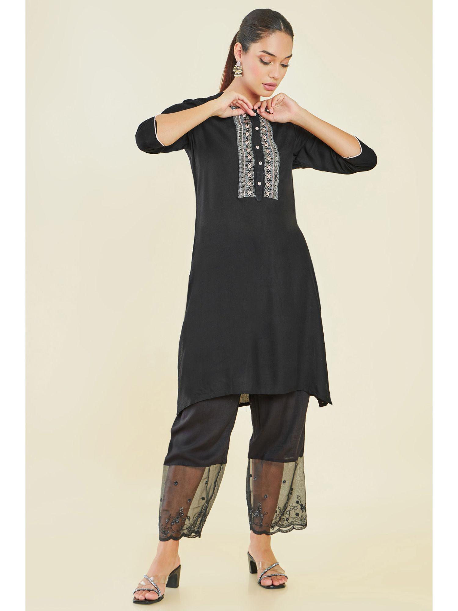 women black rayon embroidered kurta