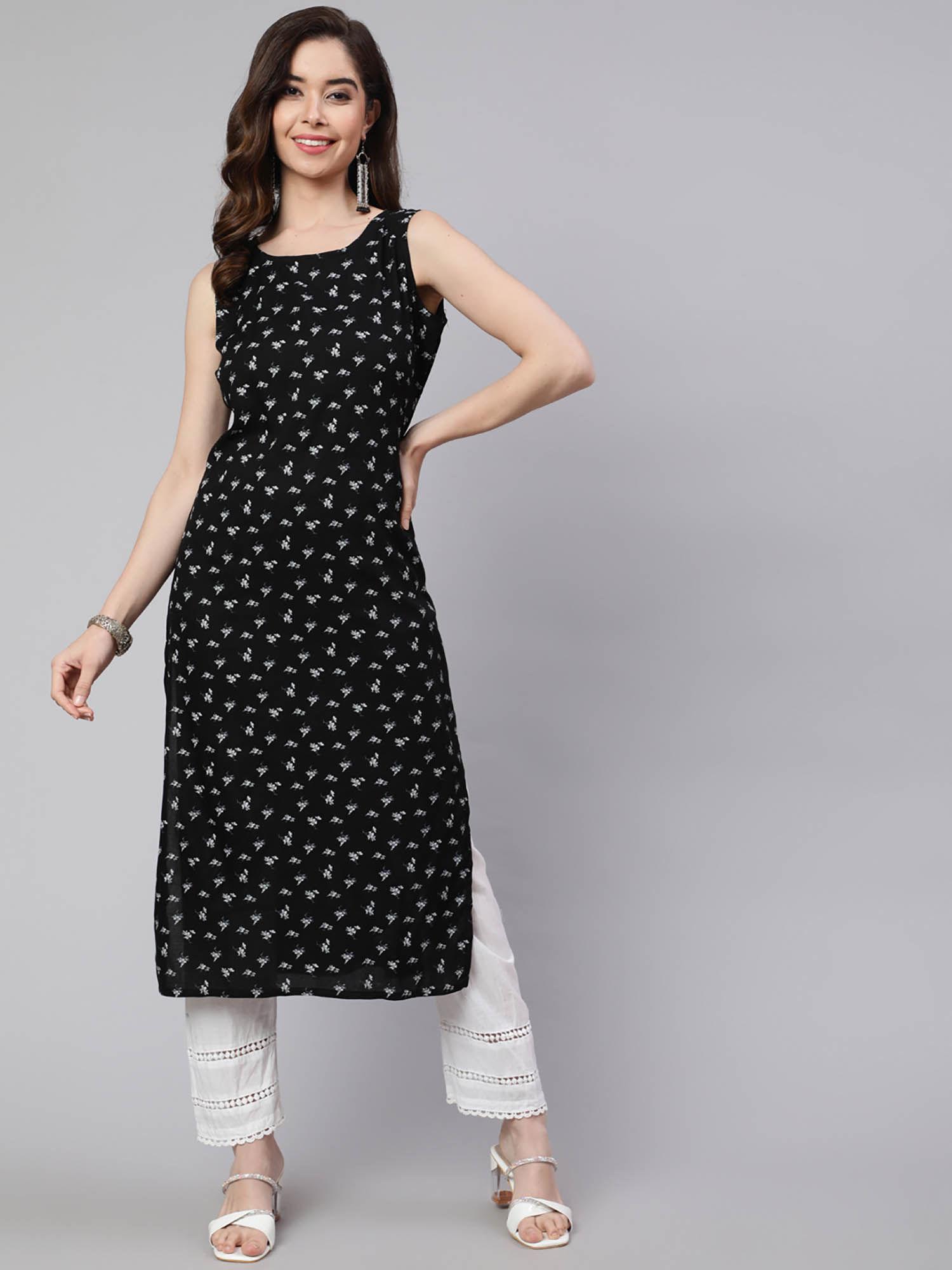 women black rayon floral printed calf length straight kurta